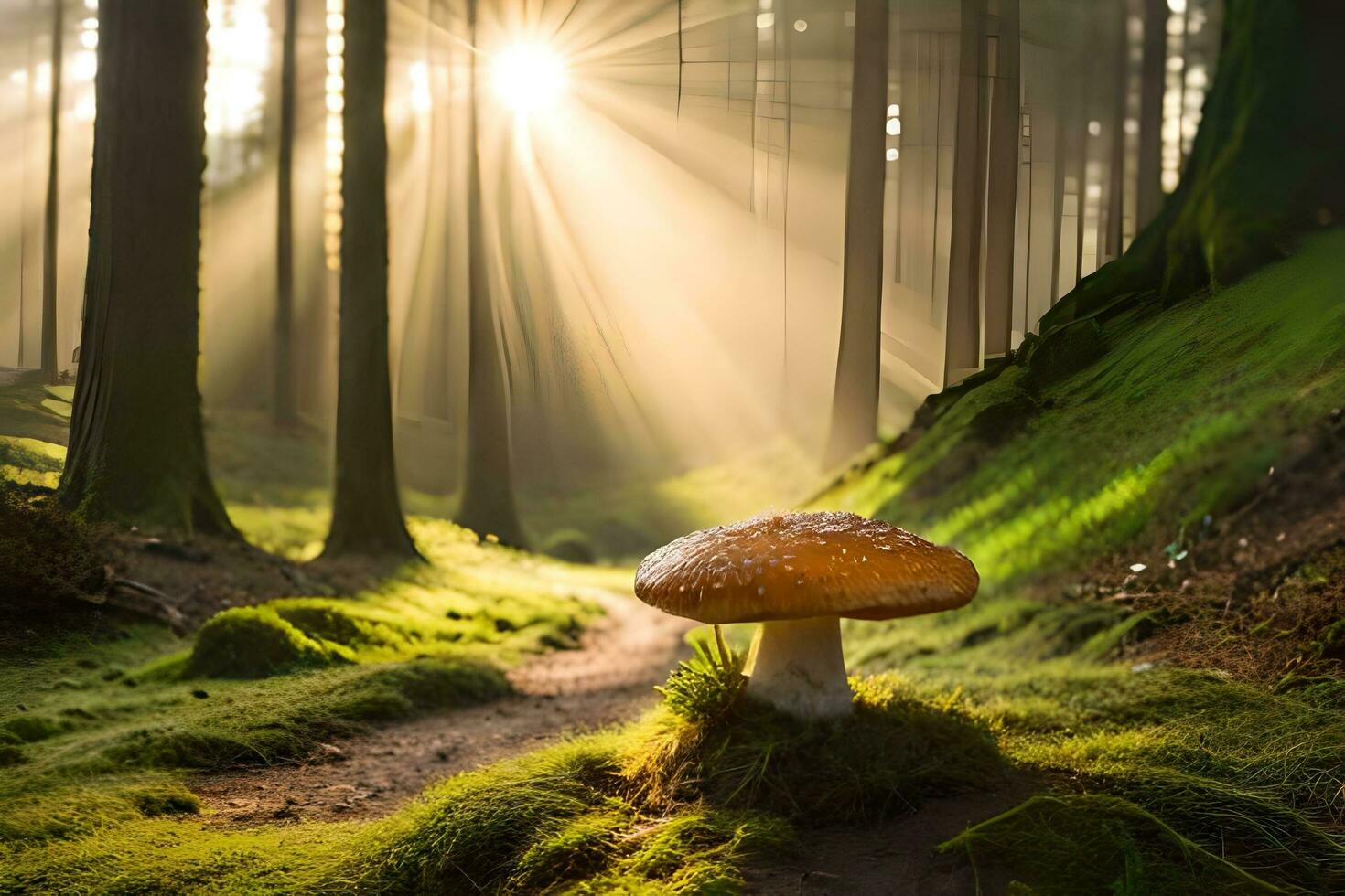 ai generato un' fungo è in piedi nel il mezzo di un' foresta foto