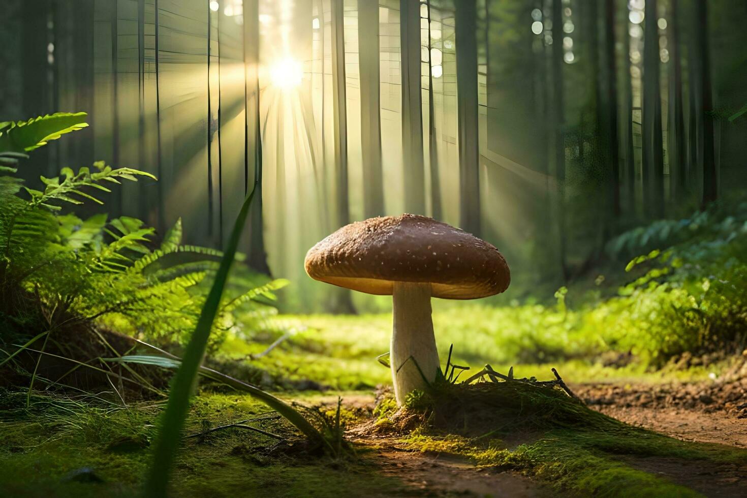 ai generato un' fungo è in piedi nel il mezzo di un' foresta foto