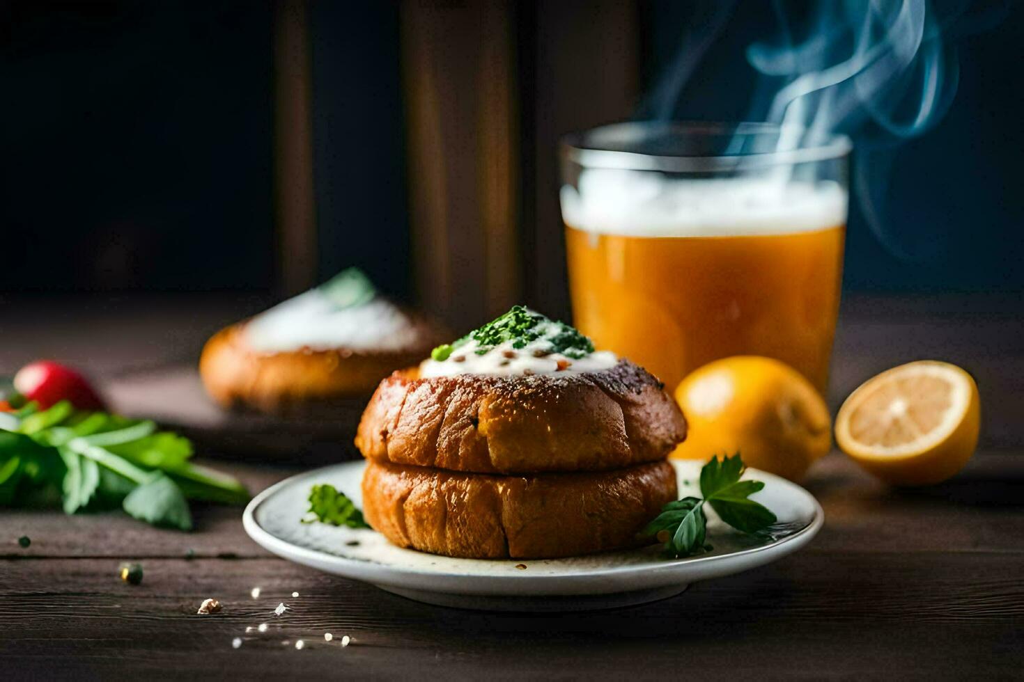 al forno patate con acida crema e erbe aromatiche su un' piatto. ai-generato foto