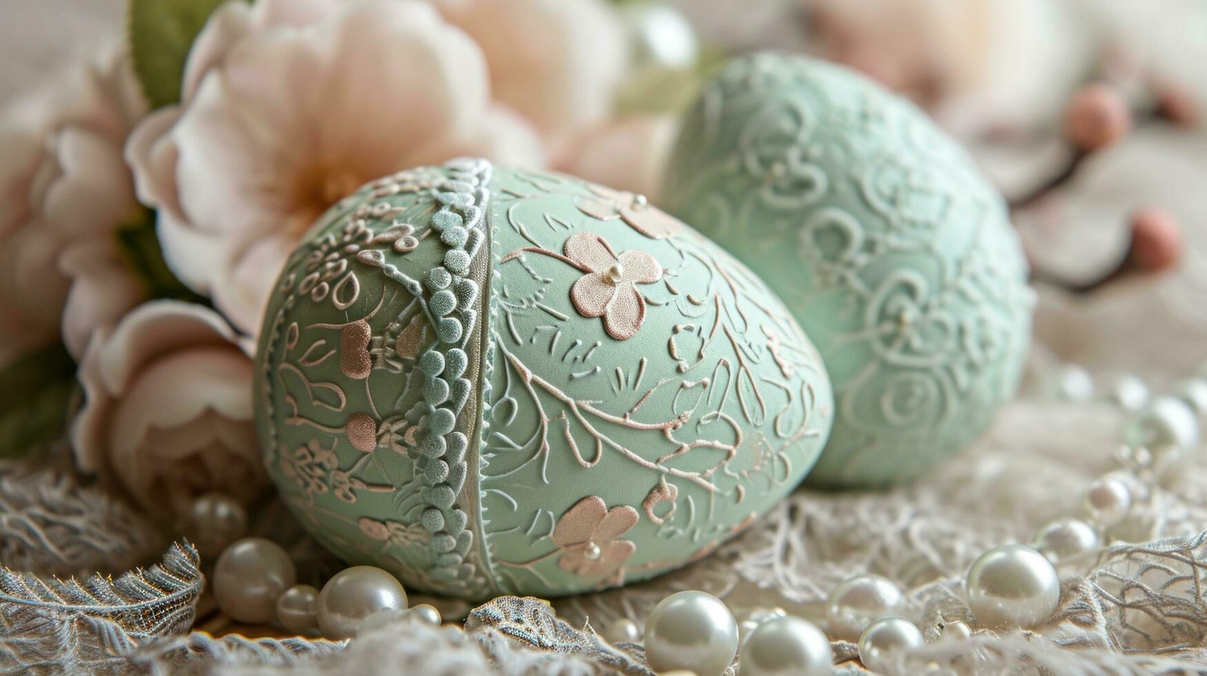 ai generato delicato uovo modelli, pizzo, e perle creare un Pasqua carta raffinatezza foto