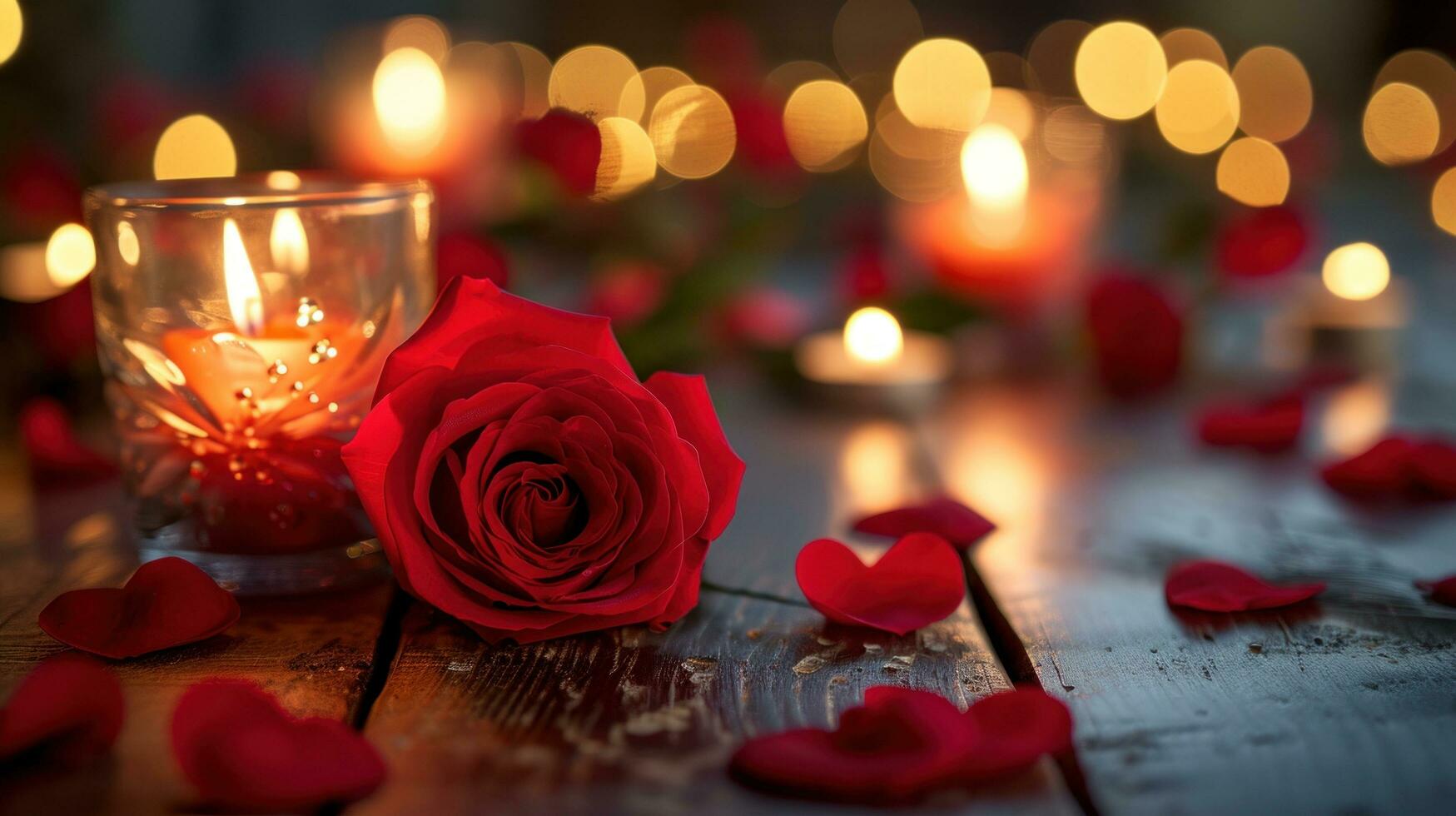 ai generato romantico ambiance con a lume di candela cuori, Rose, e un' caldo, appassionato atmosfera foto