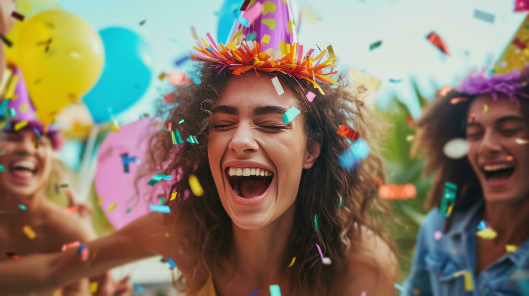 ai generato ridendo gli amici, festa cappelli, e vivace decorazioni per un' vivace compleanno celebrazione foto