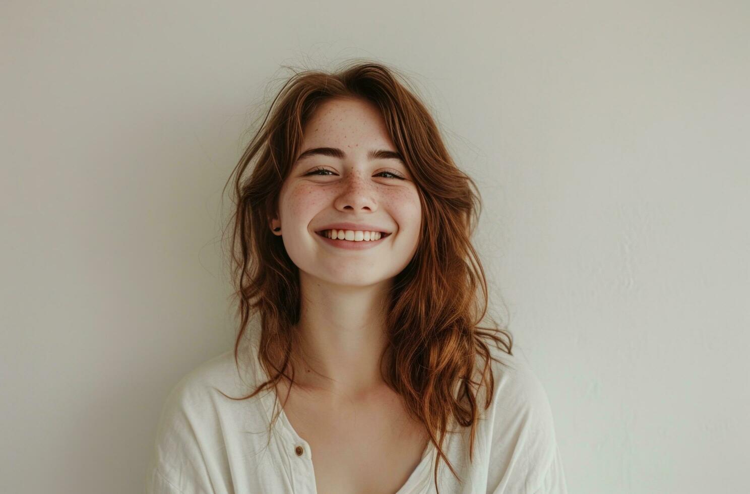 ai generato sorridente contento donna ridendo nel studio ritratto foto