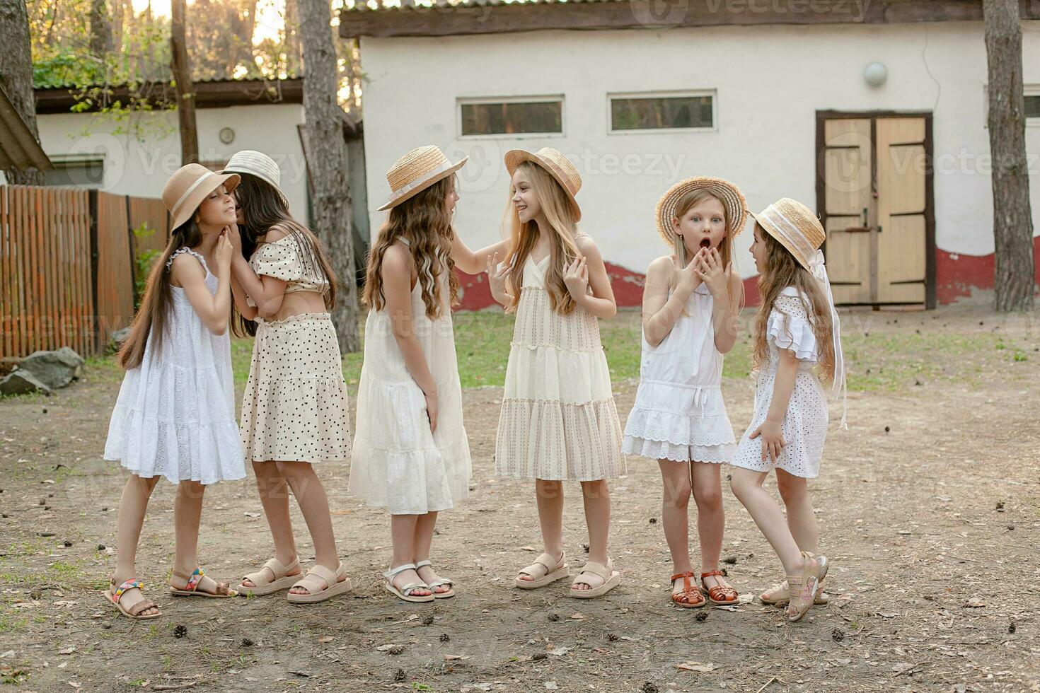 gruppo di emotivo preteen ragazze cappello su cortile di nazione tenuta foto