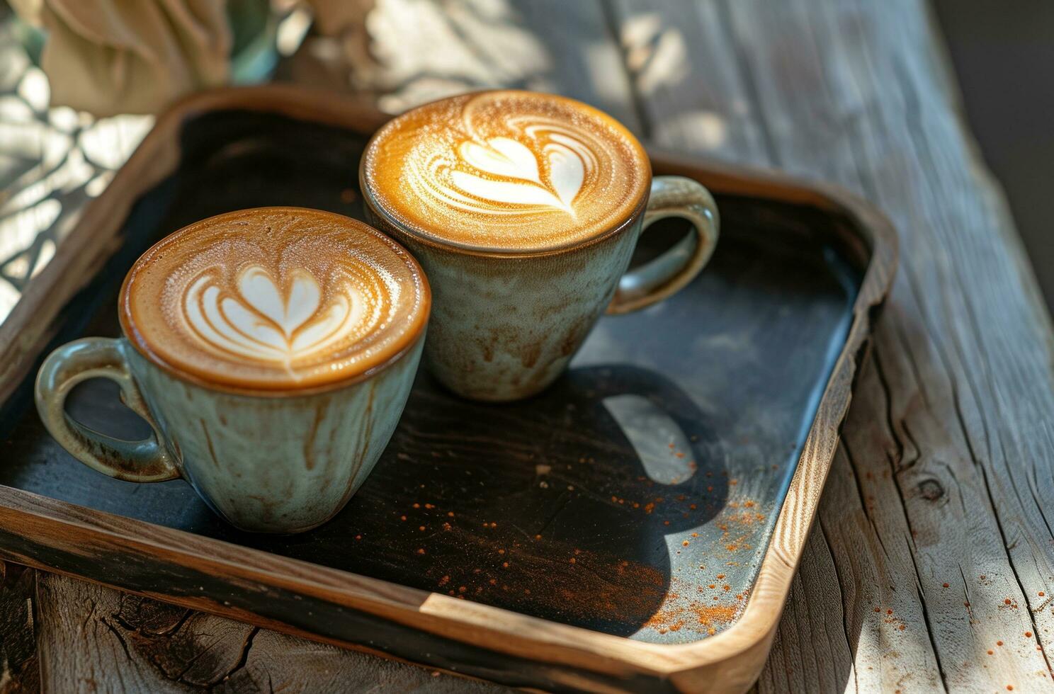 ai generato Due latte macchiato con cuore latte macchiato arte su un' vassoio foto