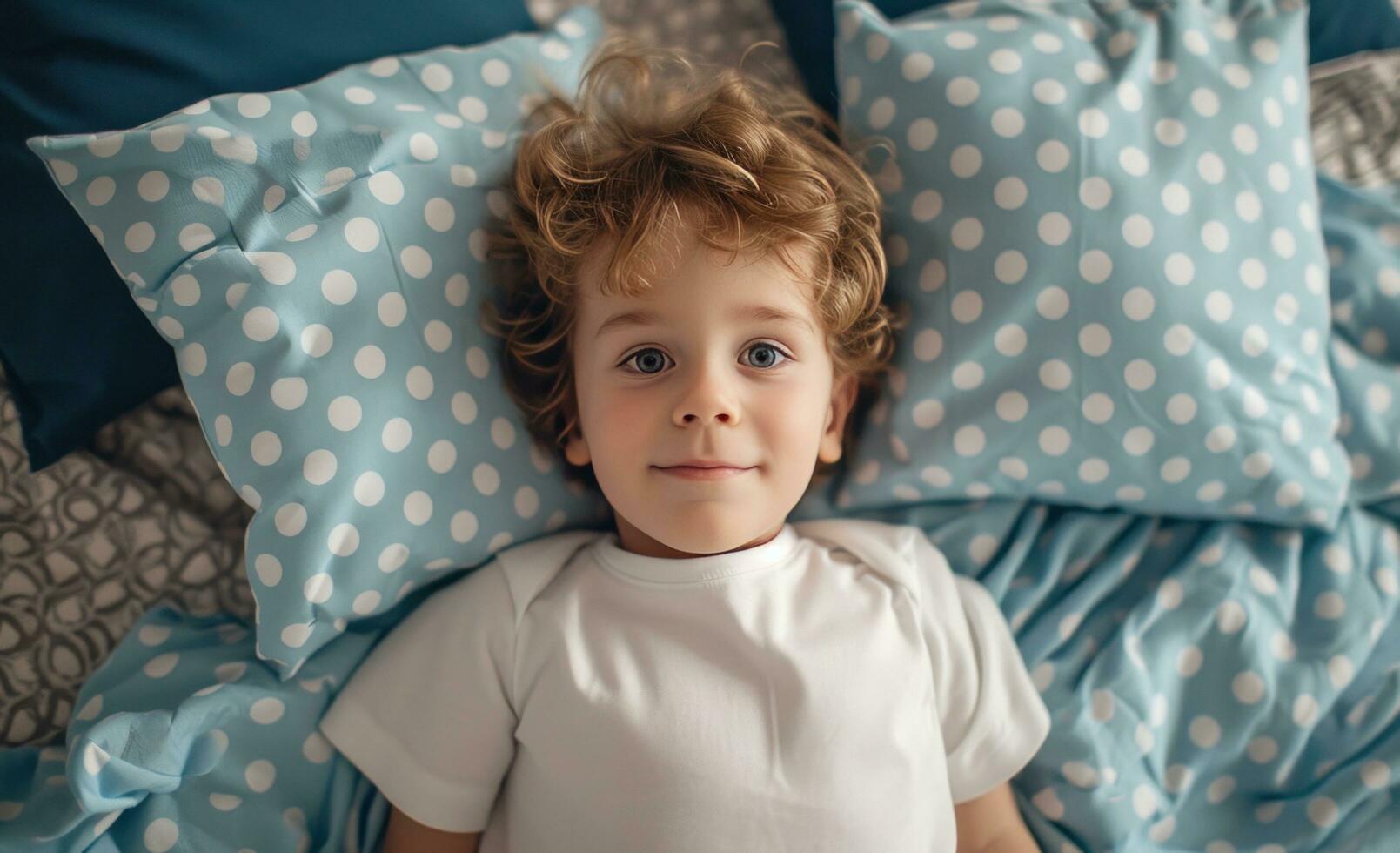 ai generato un' poco ragazzo posa nel letto con blu e bianca cuscini in giro il suo testa foto