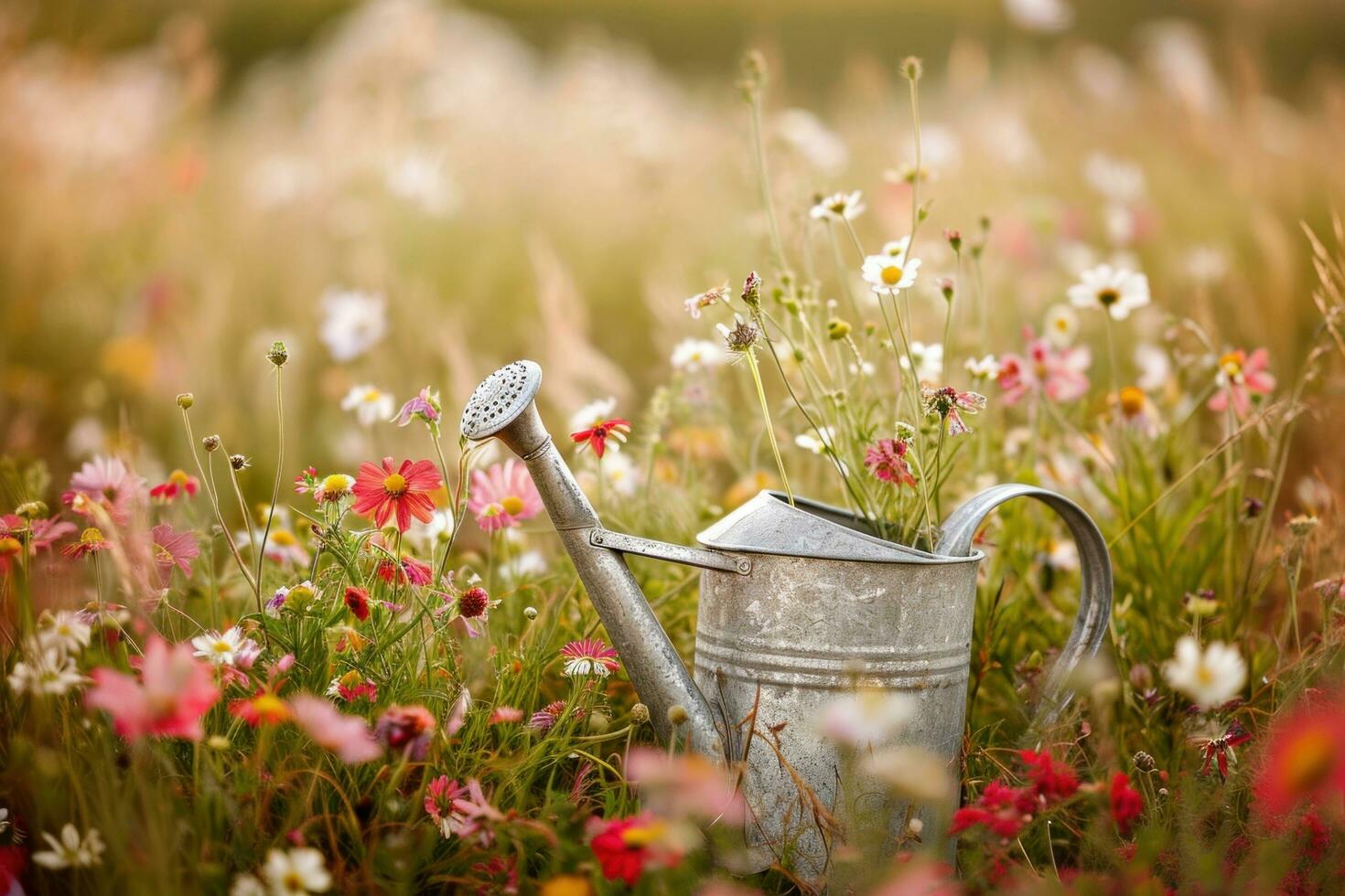 ai generato un' irrigazione può è nel il mezzo di un' campo di fiori foto