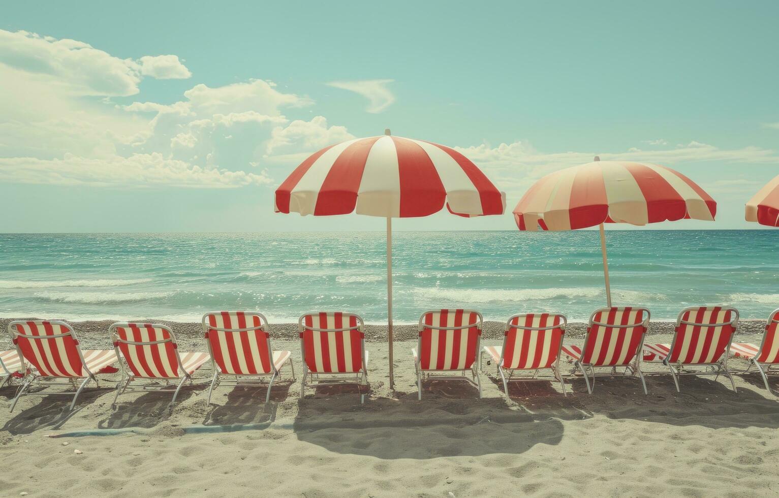 ai generato sedie foderato su lungo il spiaggia sotto un' rosso e bianca ombrello foto