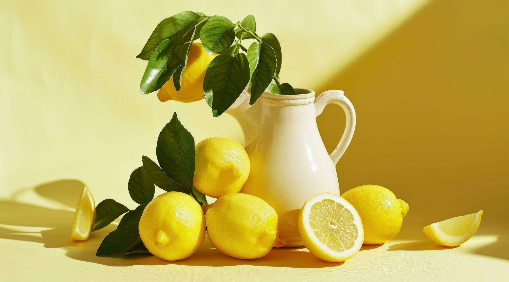 ai generato limoni e brocca contro un' giallo sfondo foto