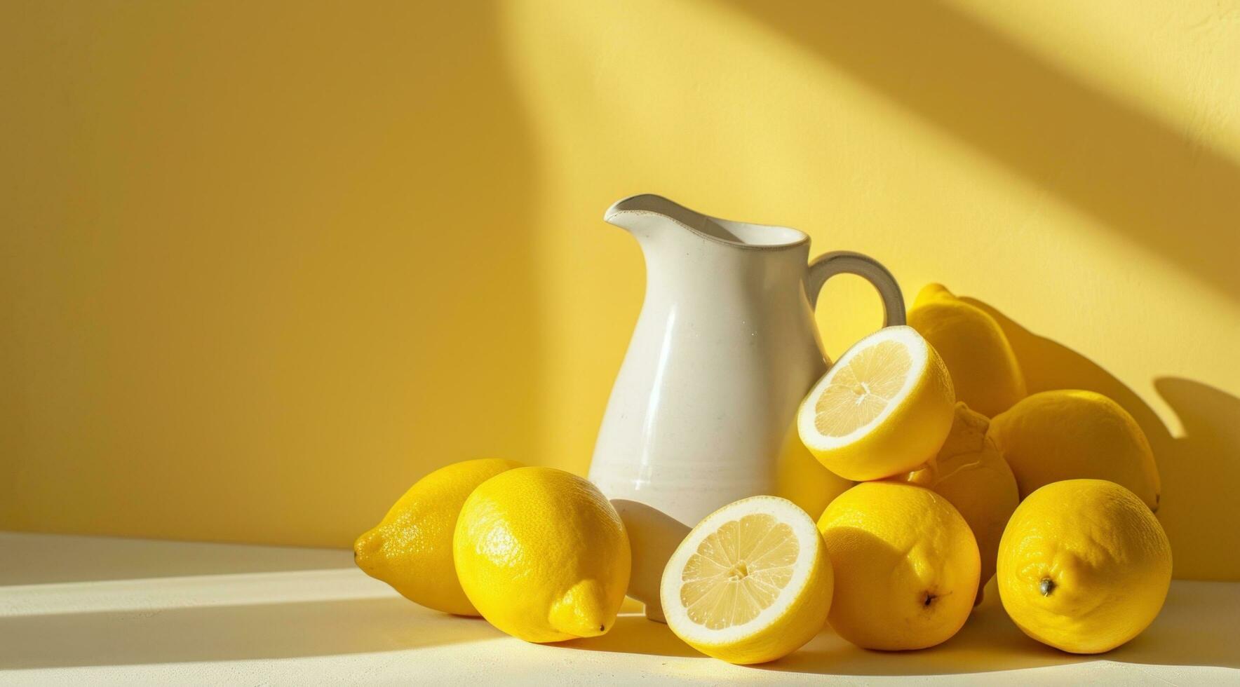 ai generato limoni e brocca contro un' giallo sfondo foto