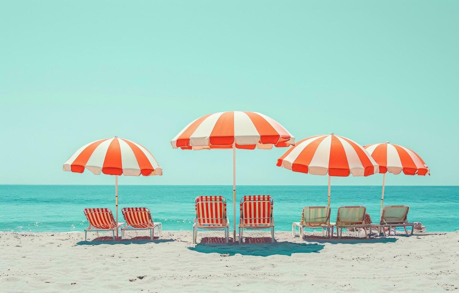 ai generato sedie foderato su lungo il spiaggia sotto un' rosso e bianca ombrello foto