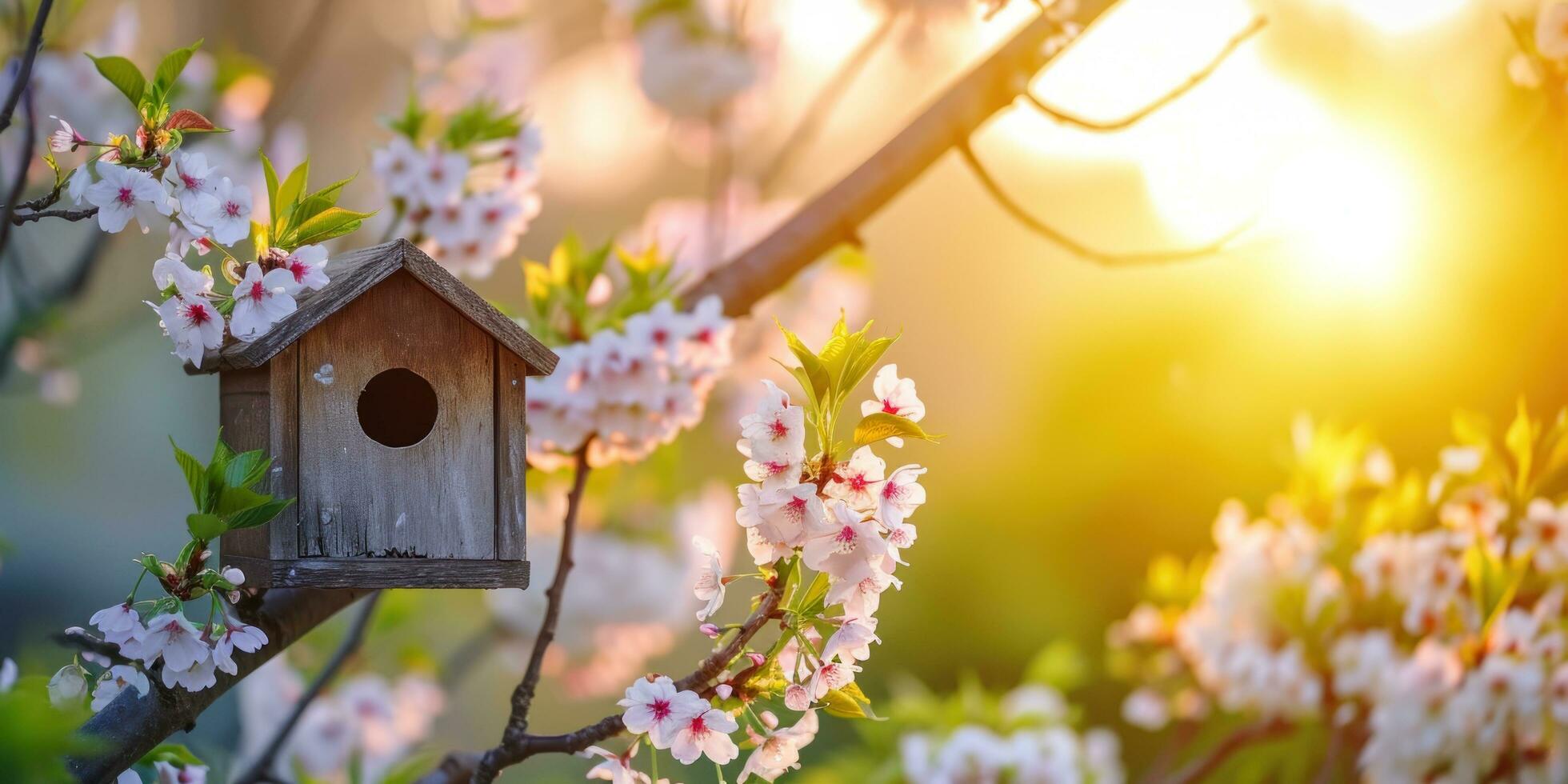 ai generato primavera birdhouse con primavera ciliegia fiorire sfondo foto