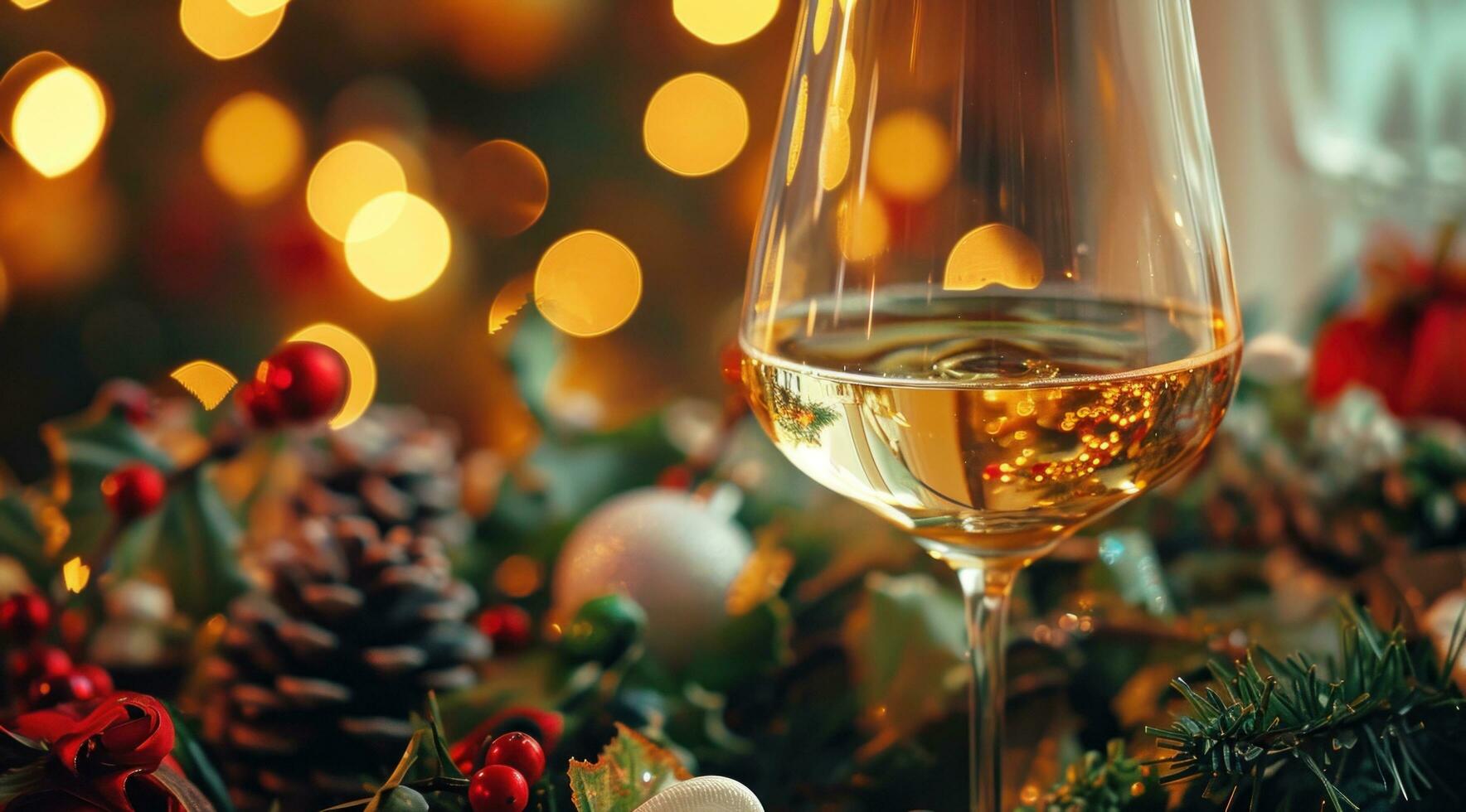 ai generato bianca vino bicchiere su un ornamentale tavolo con Natale a tema fiori foto