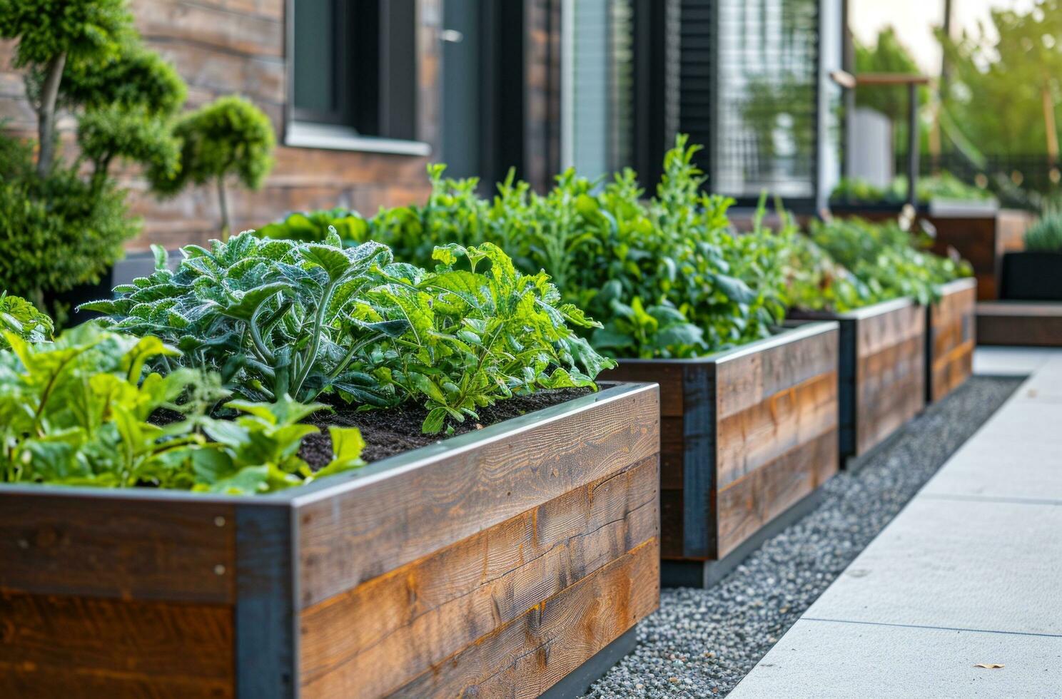 ai generato legna sollevato giardino fioriere siamo mostrato nel il sfondo foto