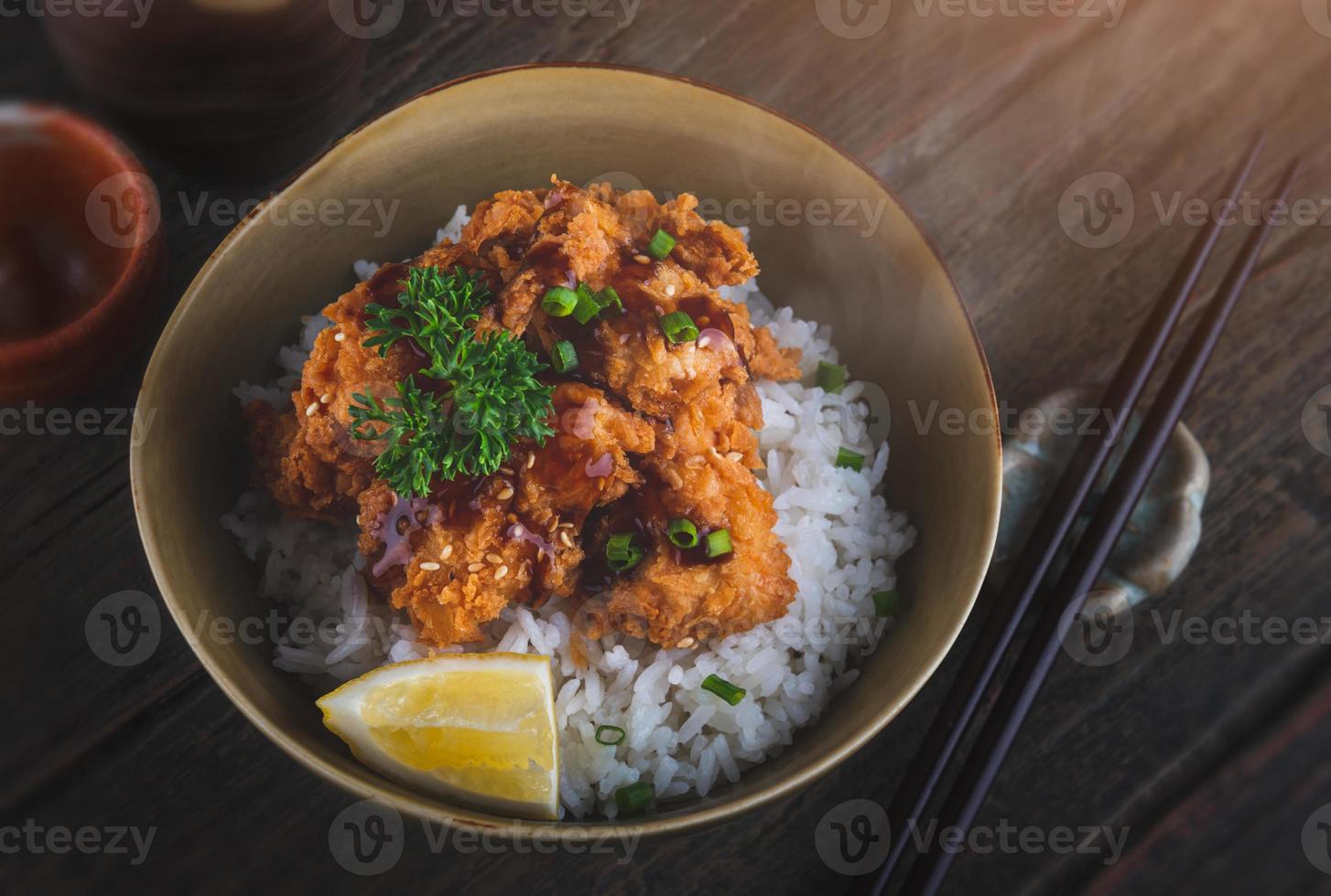 pollo fritto croccante in stile giapponese con riso. foto