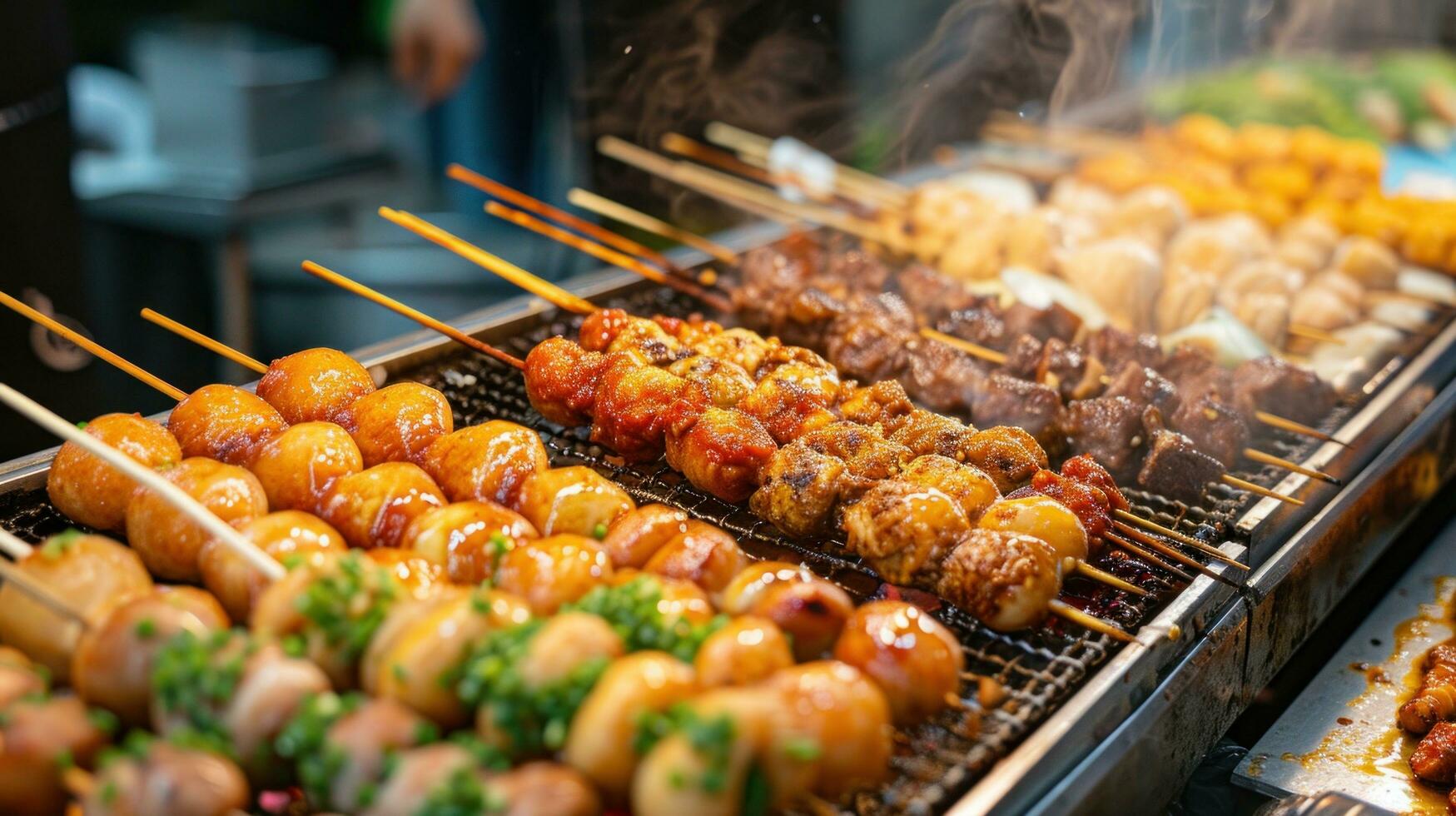 ai generato strada cibo bancarelle con un' varietà di speziato e saporito internazionale culinario offerte foto