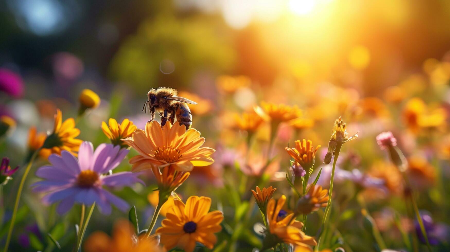 ai generato fiori selvatici, ronzio api, e un' vivace sole portare di primavera vivace spirito foto