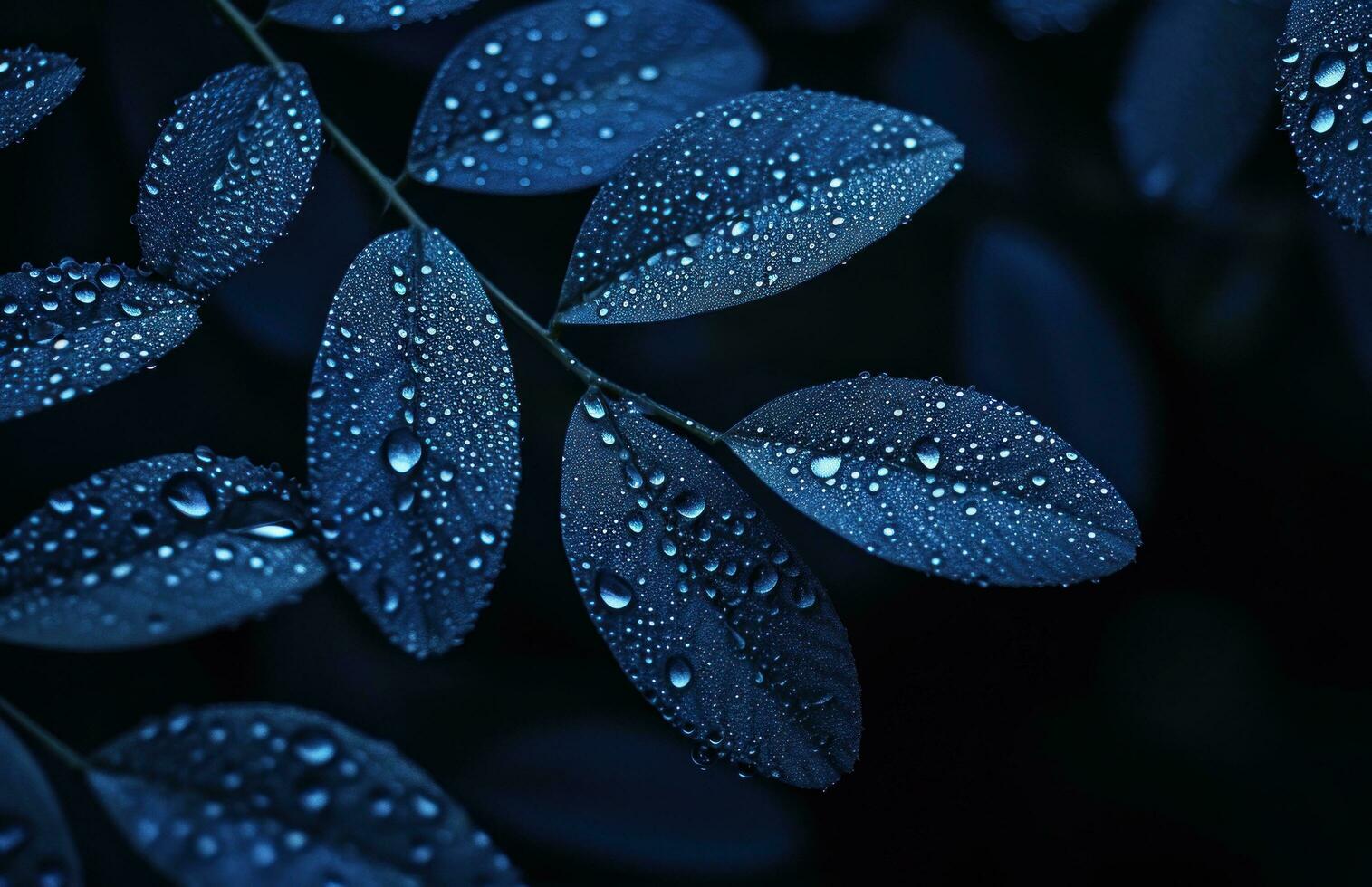 ai generato buio blu pianta con acqua gocce su esso foto