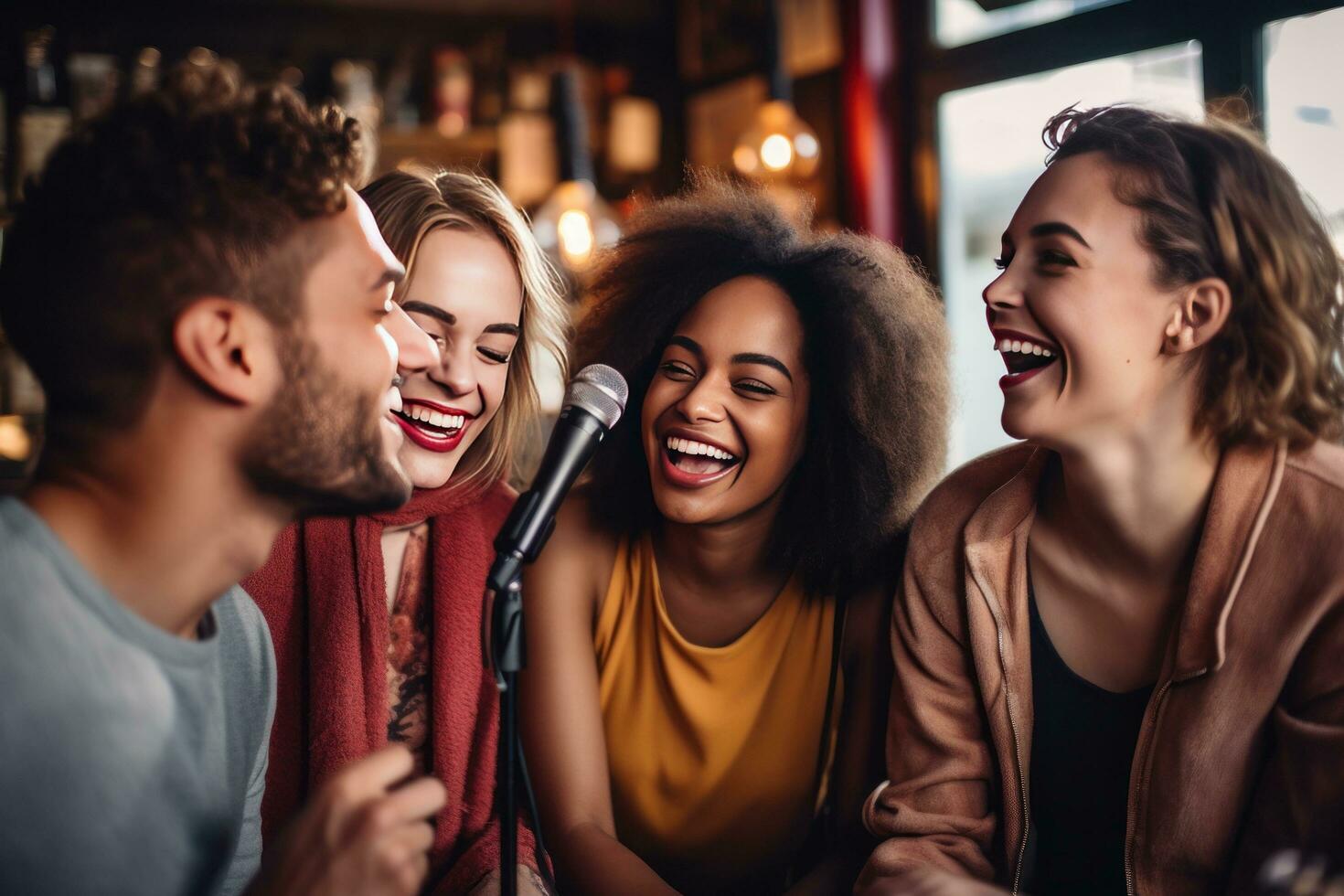 ai generato quattro amici cantando e cantando nel un' sbarra, foto