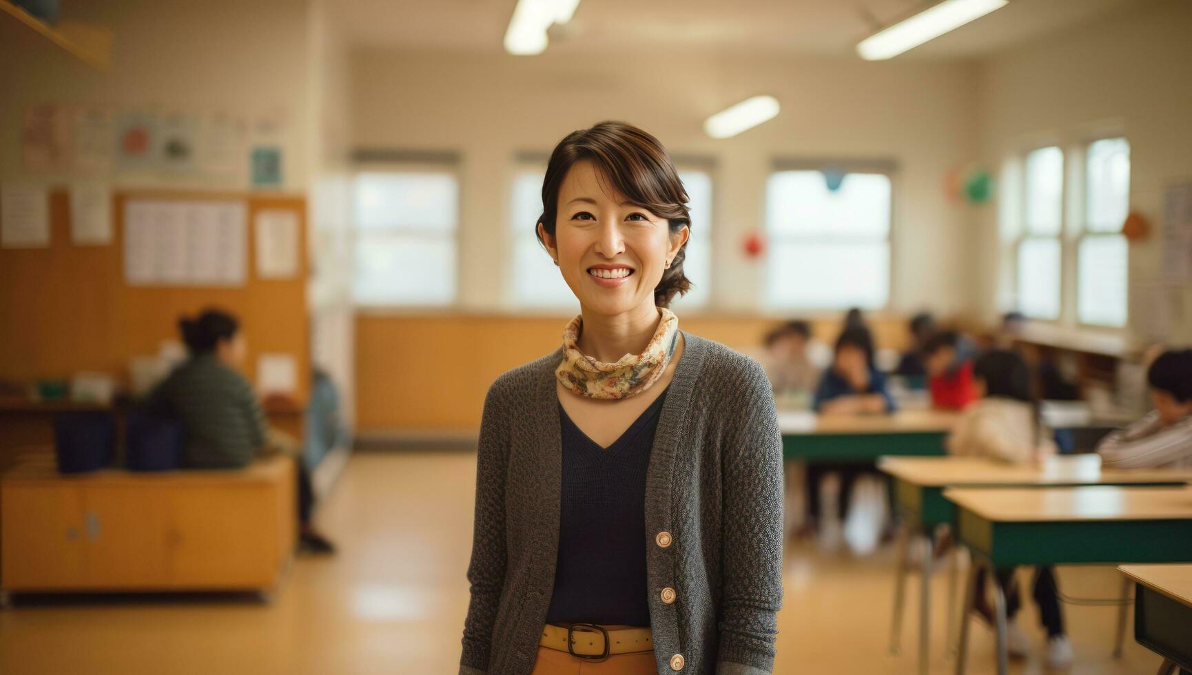 ai generato scuola insegnante pose per immagini nel un' aula foto