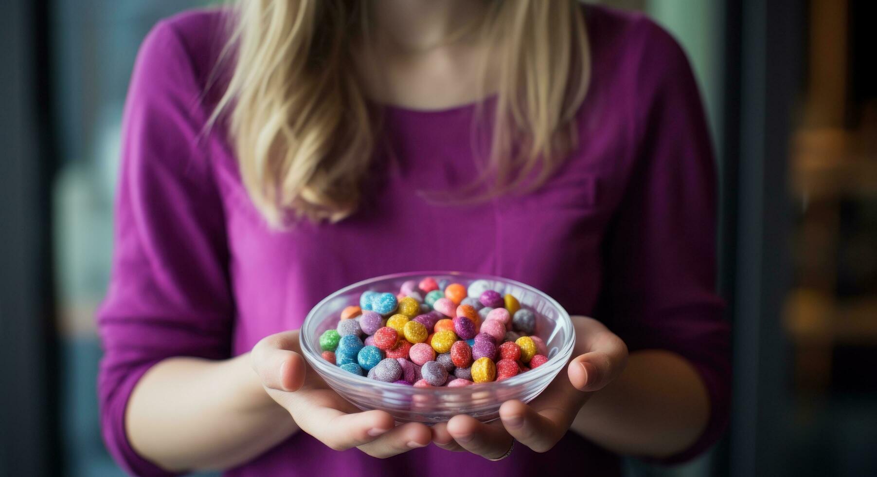 ai generato giovane donna Tenere colorato caramella nel sua mani foto