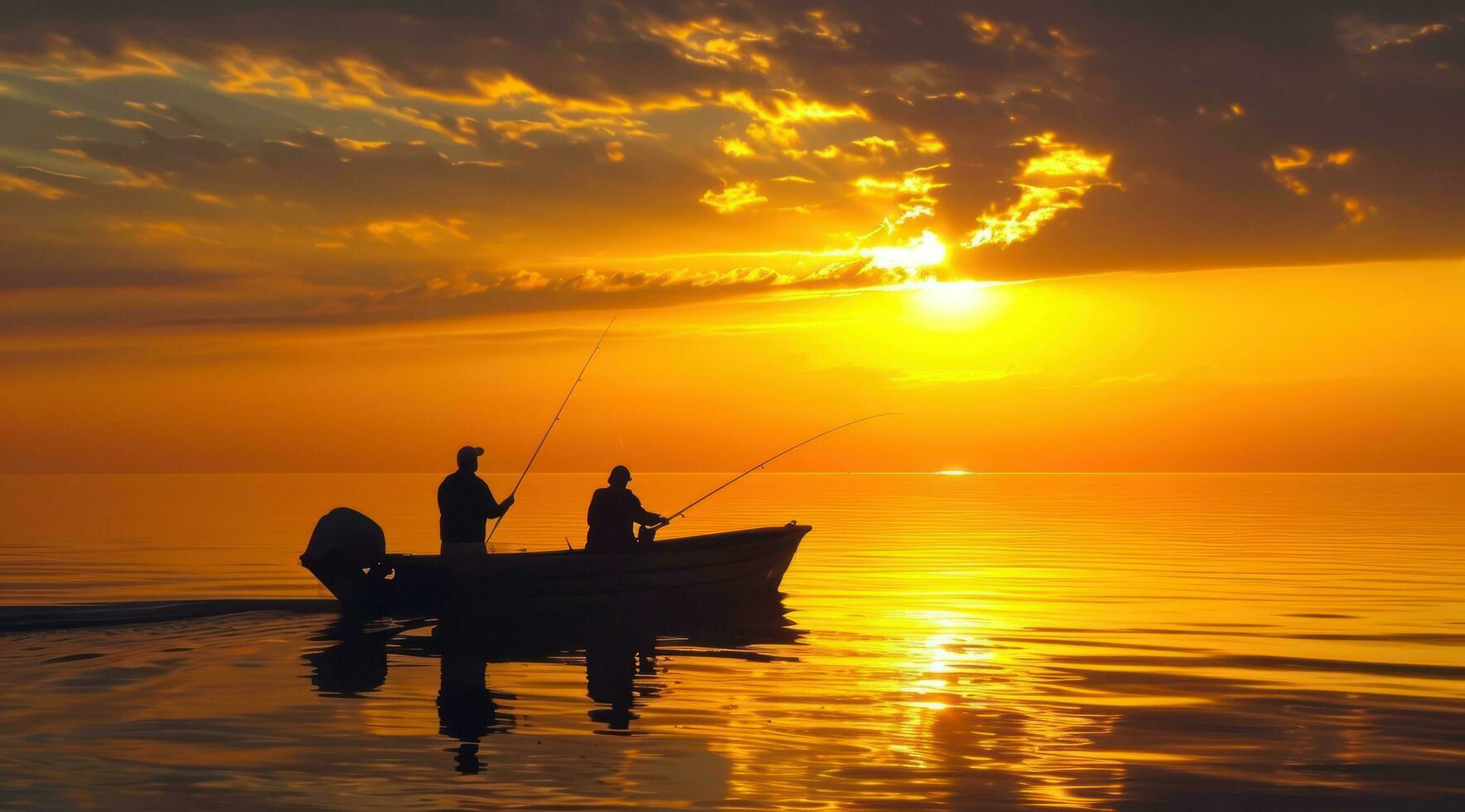 ai generato Due uomini pesca su un' barca su il acqua con tramonto, calmante simmetria foto
