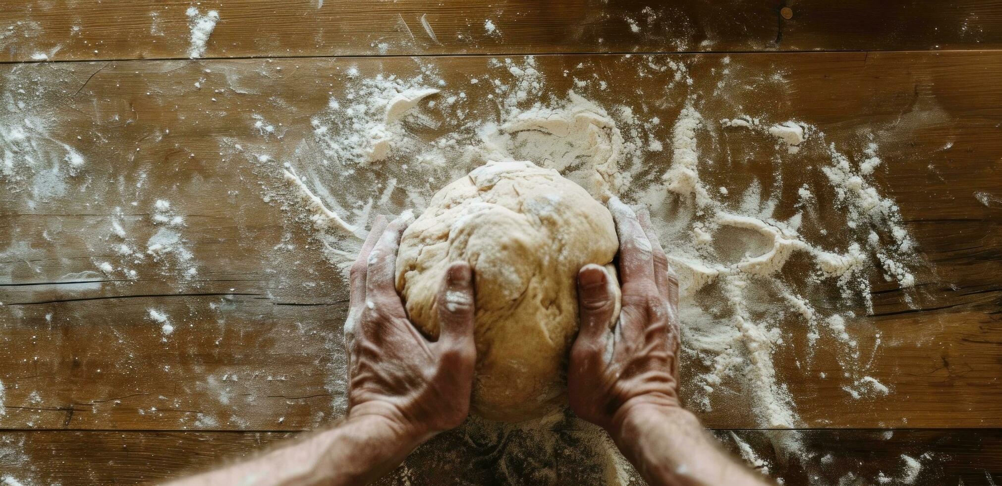 ai generato un' persona impasta un' palla di Impasto su un' di legno superficie, foto