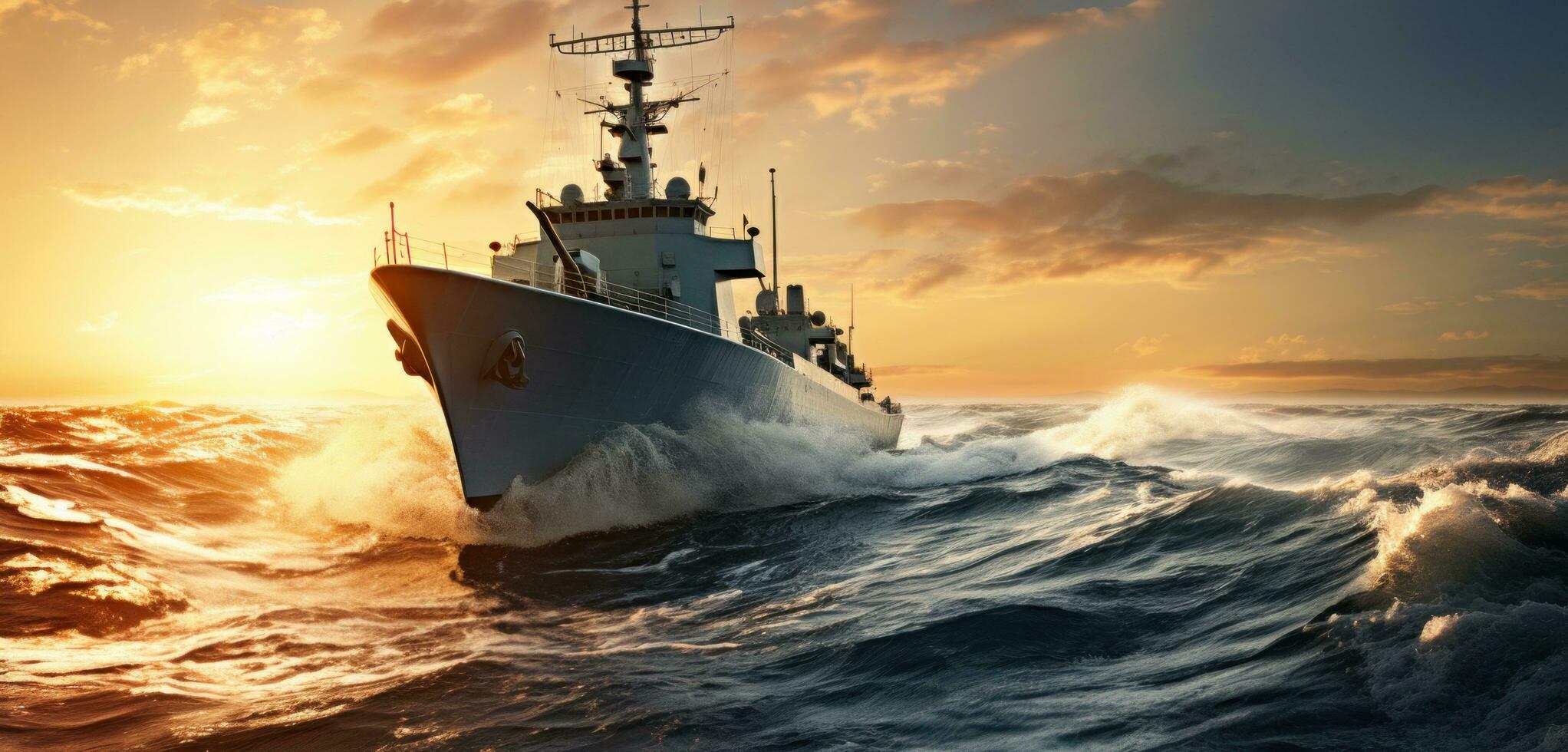 ai generato un' militare nave in viaggio su il acqua a tramonto foto