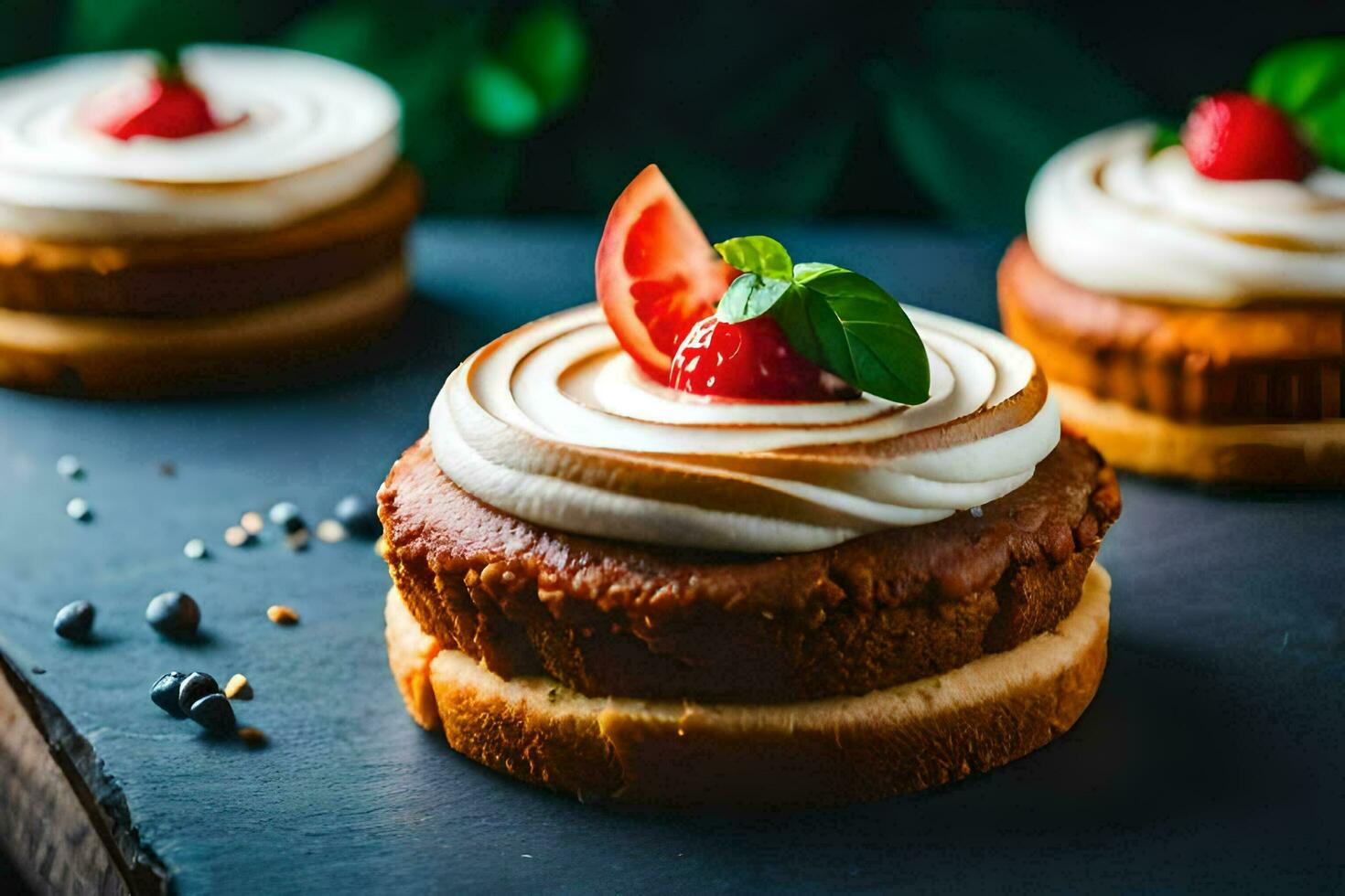 piccolo torte con crema e frutti di bosco su un' nero sfondo. ai-generato foto