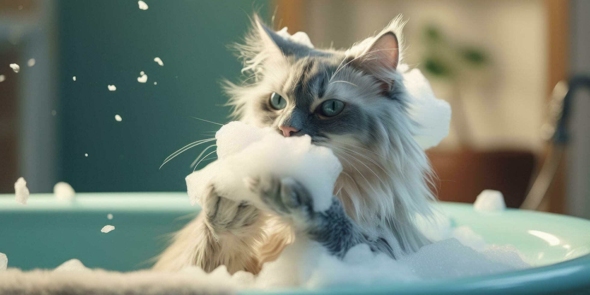 ai generato un' gatto essere bagnata con sapone foto