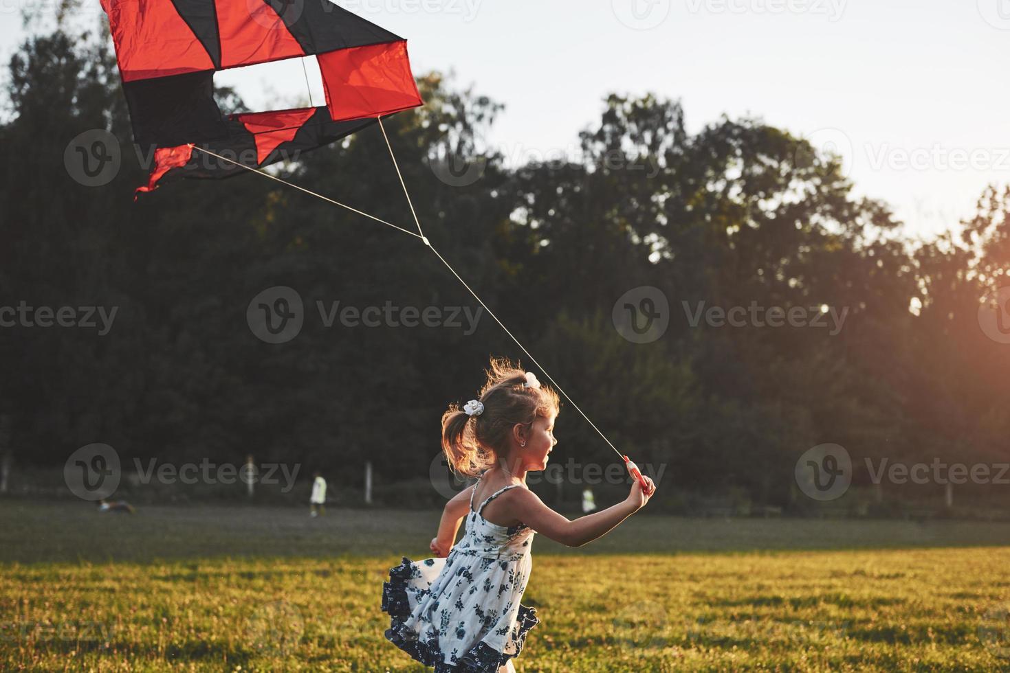 ragazza carina con i capelli lunghi che corre con l'aquilone nel campo in una giornata di sole estivo foto