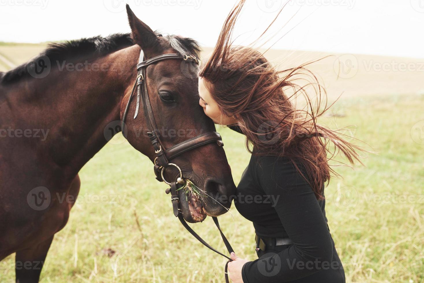 una ragazza felice comunica con il suo cavallo preferito. la ragazza ama gli animali e l'equitazione foto