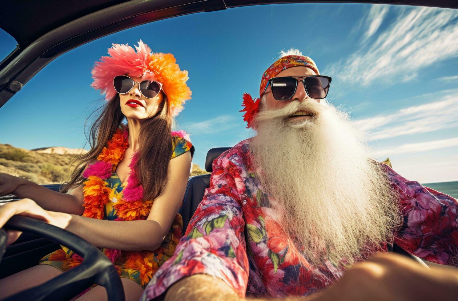 ai generato coppia guida auto con divertente lungo barbe al di sopra di bicchieri e hula hulas uomo anziano foto