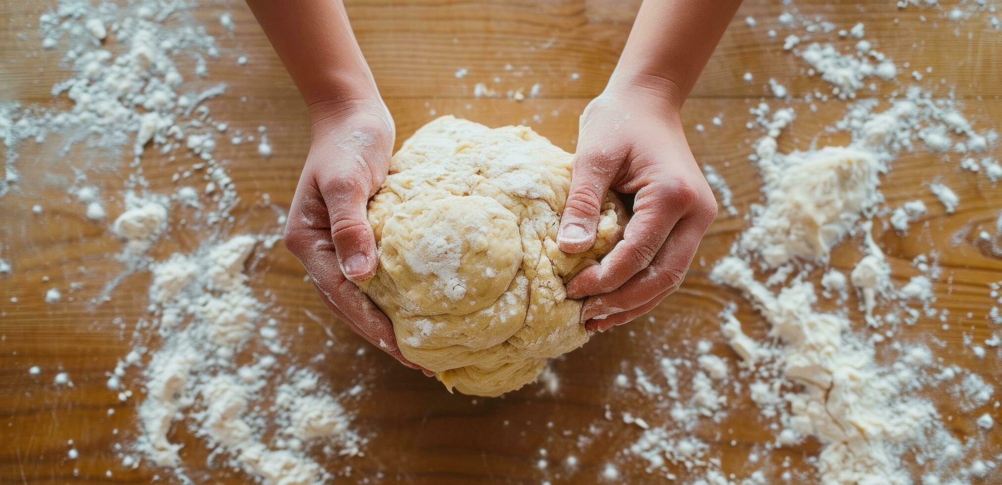 ai generato un' persona impasta un' palla di Impasto su un' di legno superficie, foto