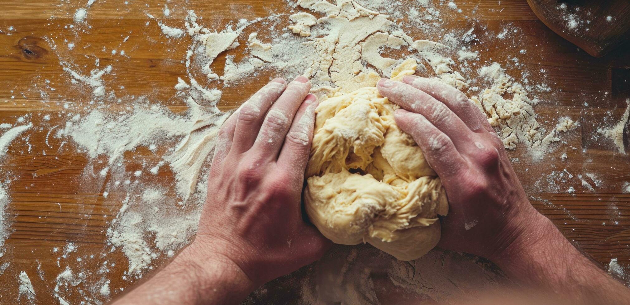 ai generato un' persona impasta un' palla di Impasto su un' di legno superficie, foto