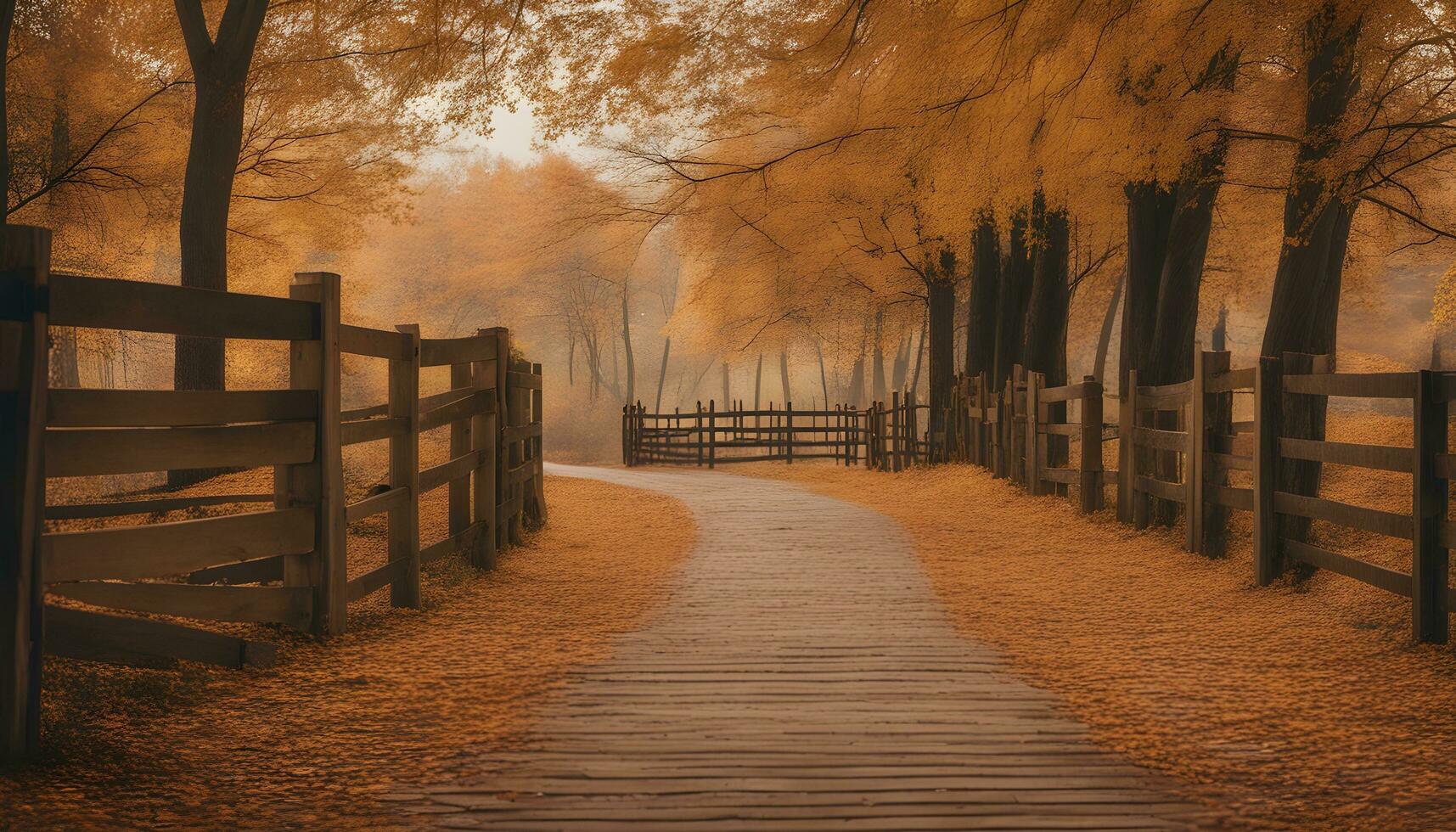 ai generato un' di legno sentiero conduce per un' recinto nel il mezzo di un' campo foto