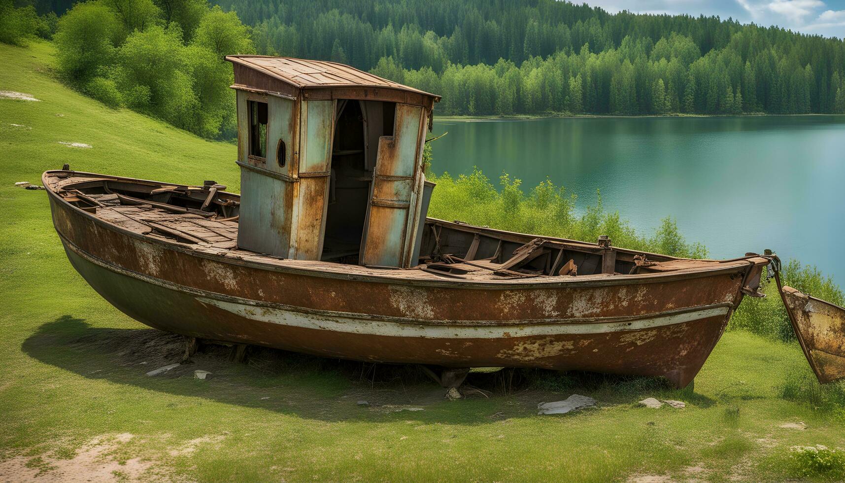 ai generato un vecchio arrugginito barca si siede su il riva di un' lago foto