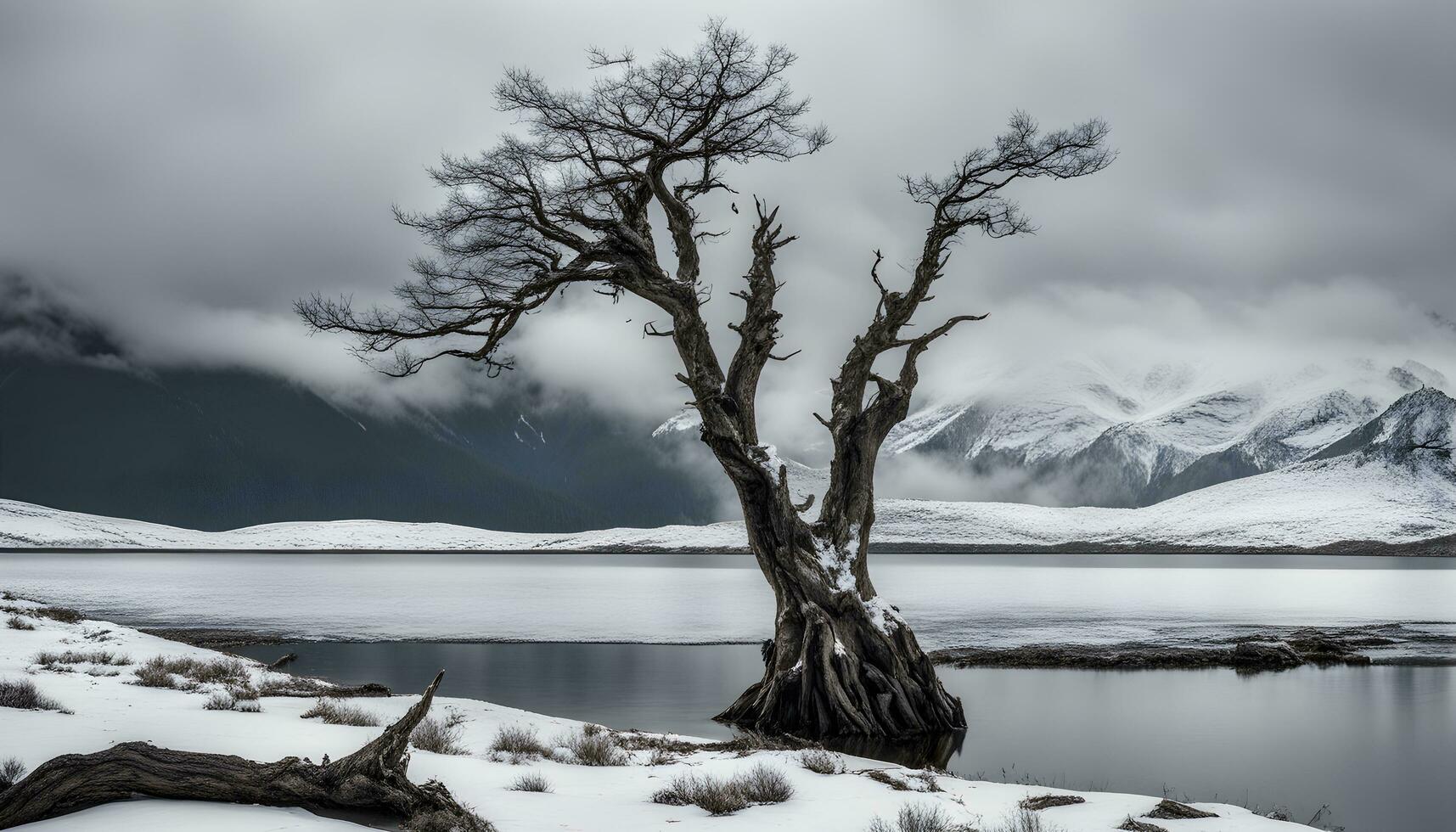 ai generato un' solitario albero sta nel il neve su un' nevoso giorno foto