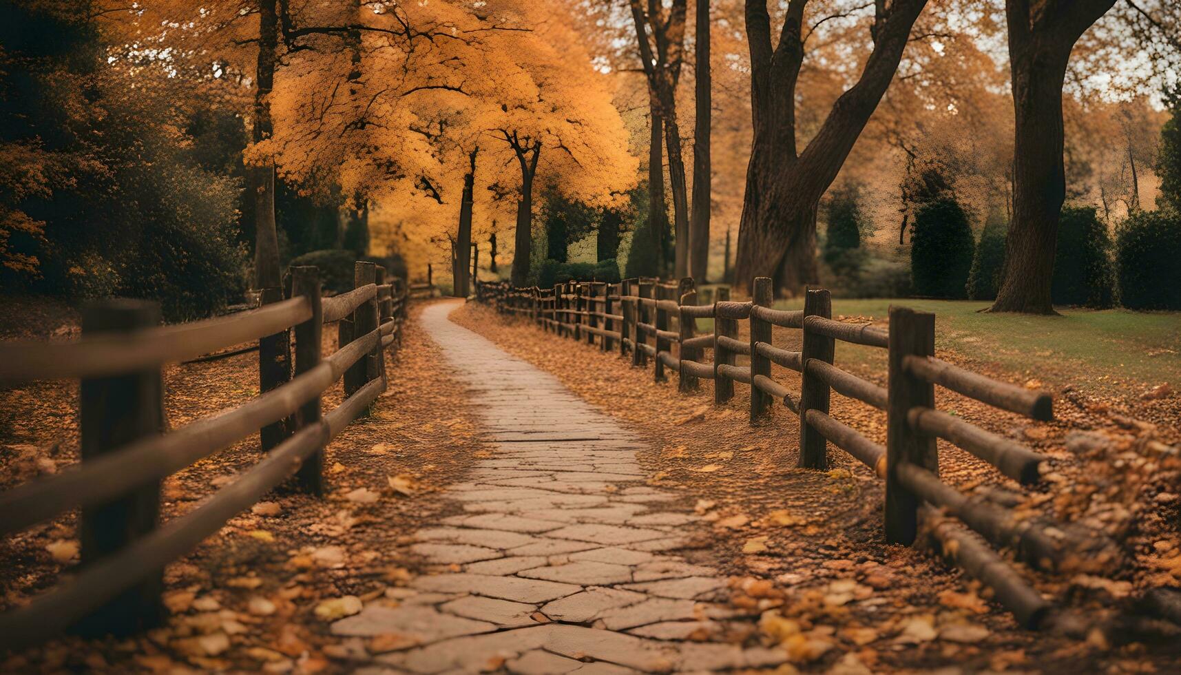 ai generato sentiero nel autunno con di legno recinto e alberi foto