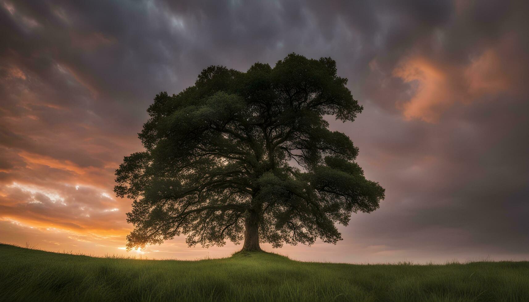 ai generato un' solitario albero sta nel un' erboso campo a tramonto foto