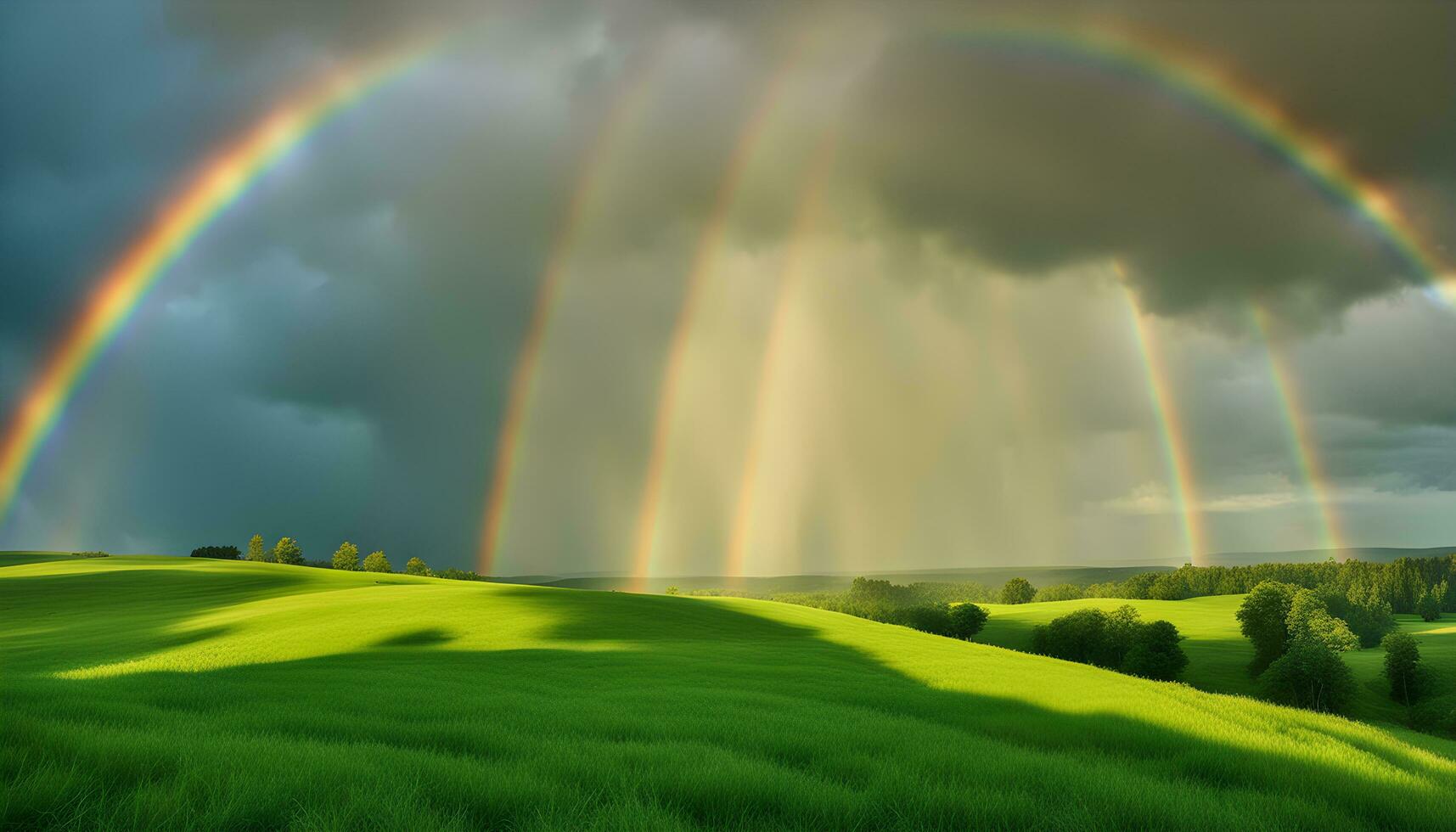 ai generato arcobaleno al di sopra di verde erboso campo con alberi e cielo foto