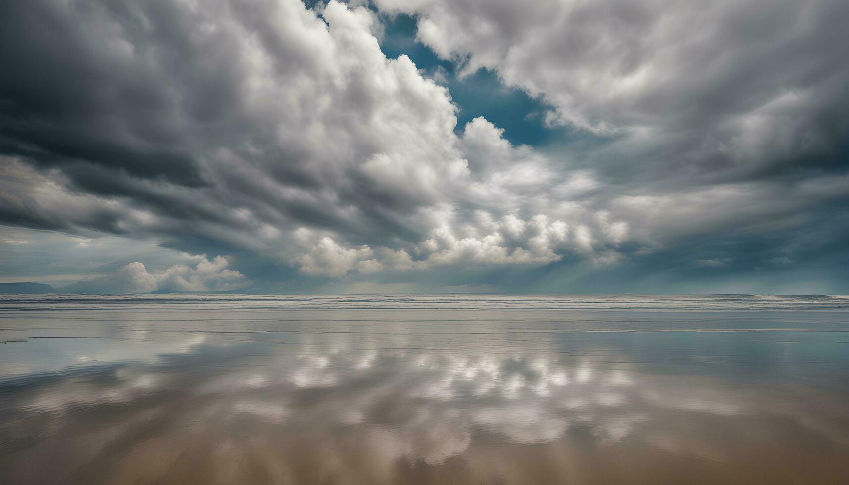 ai generato un' tempestoso cielo al di sopra di il oceano con nuvole riflessa nel il acqua foto