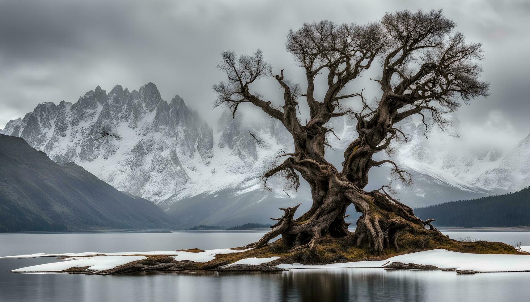 ai generato un' solitario albero sta su il riva di un' lago foto