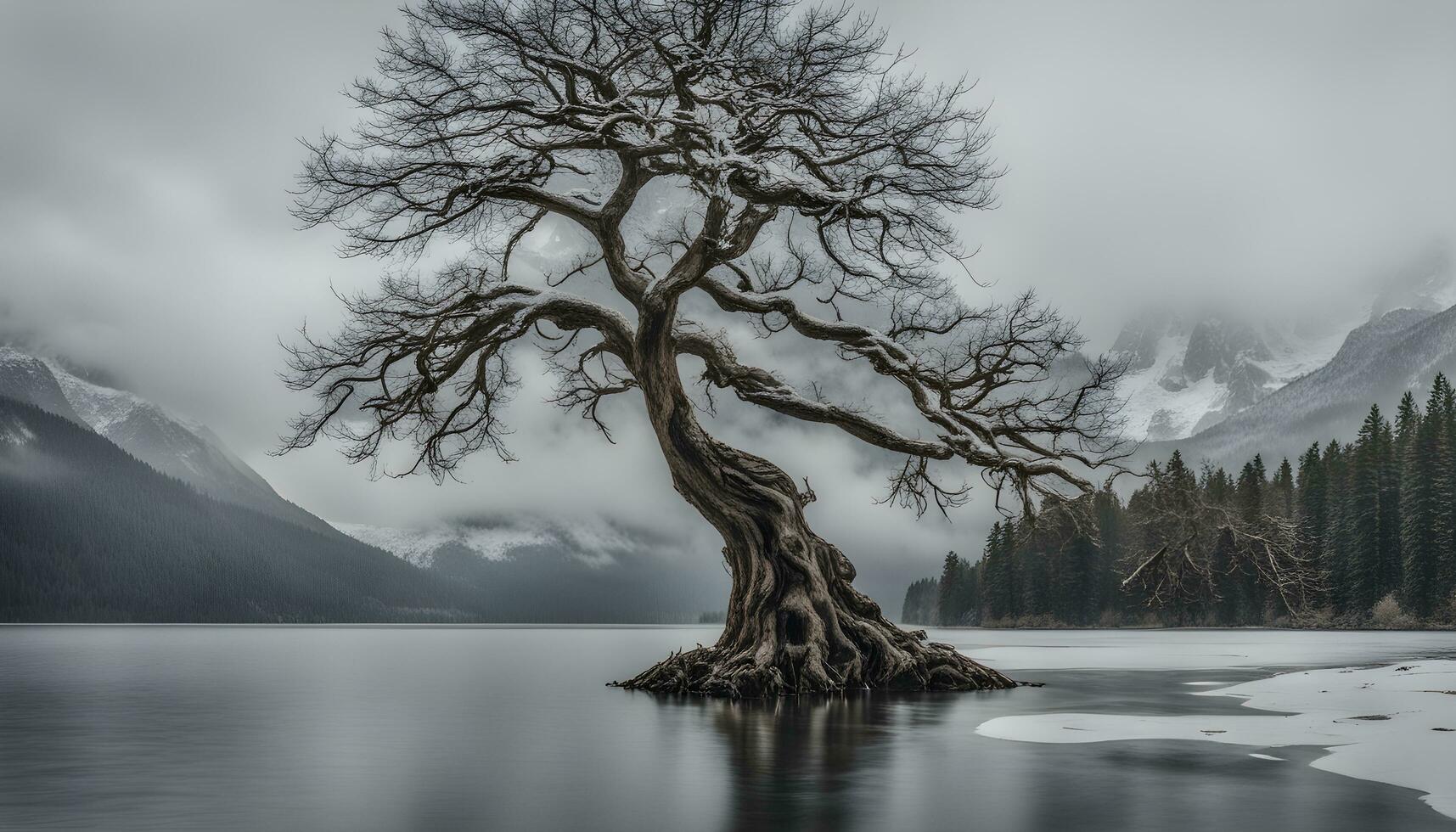 ai generato un' solitario albero sta nel il mezzo di un' lago foto