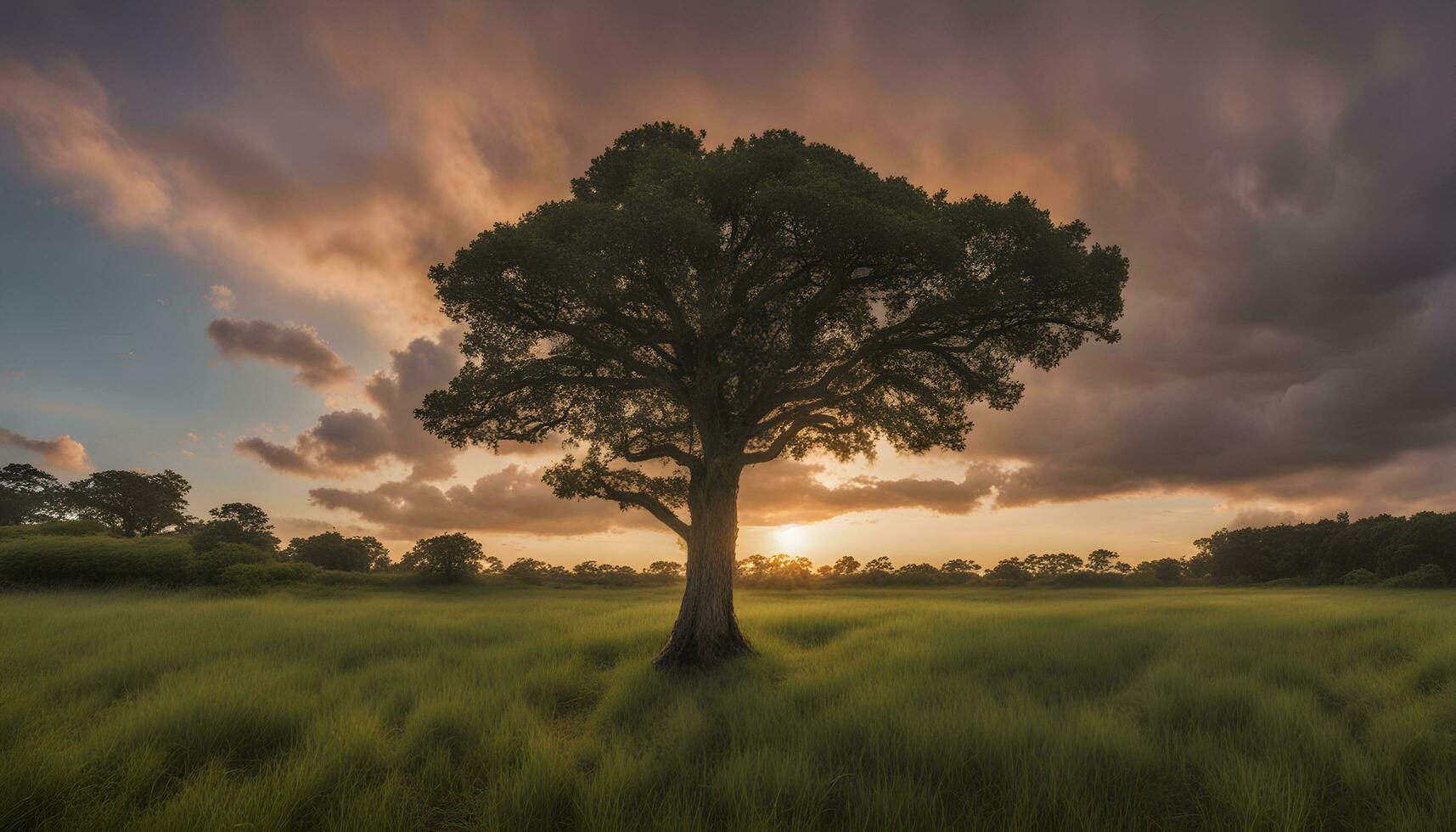 ai generato un' solitario albero sta nel un' campo a tramonto foto