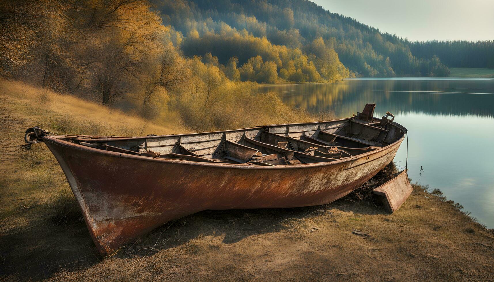 ai generato un' barca è seduta su il riva di un' lago foto