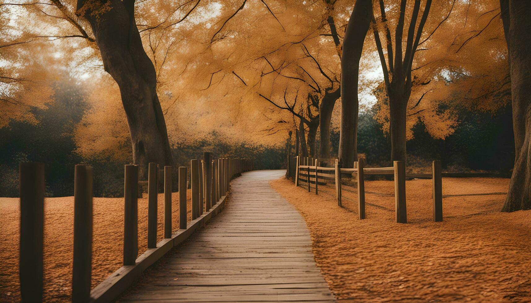 ai generato un' di legno sentiero nel il mezzo di un' campo con alberi foto