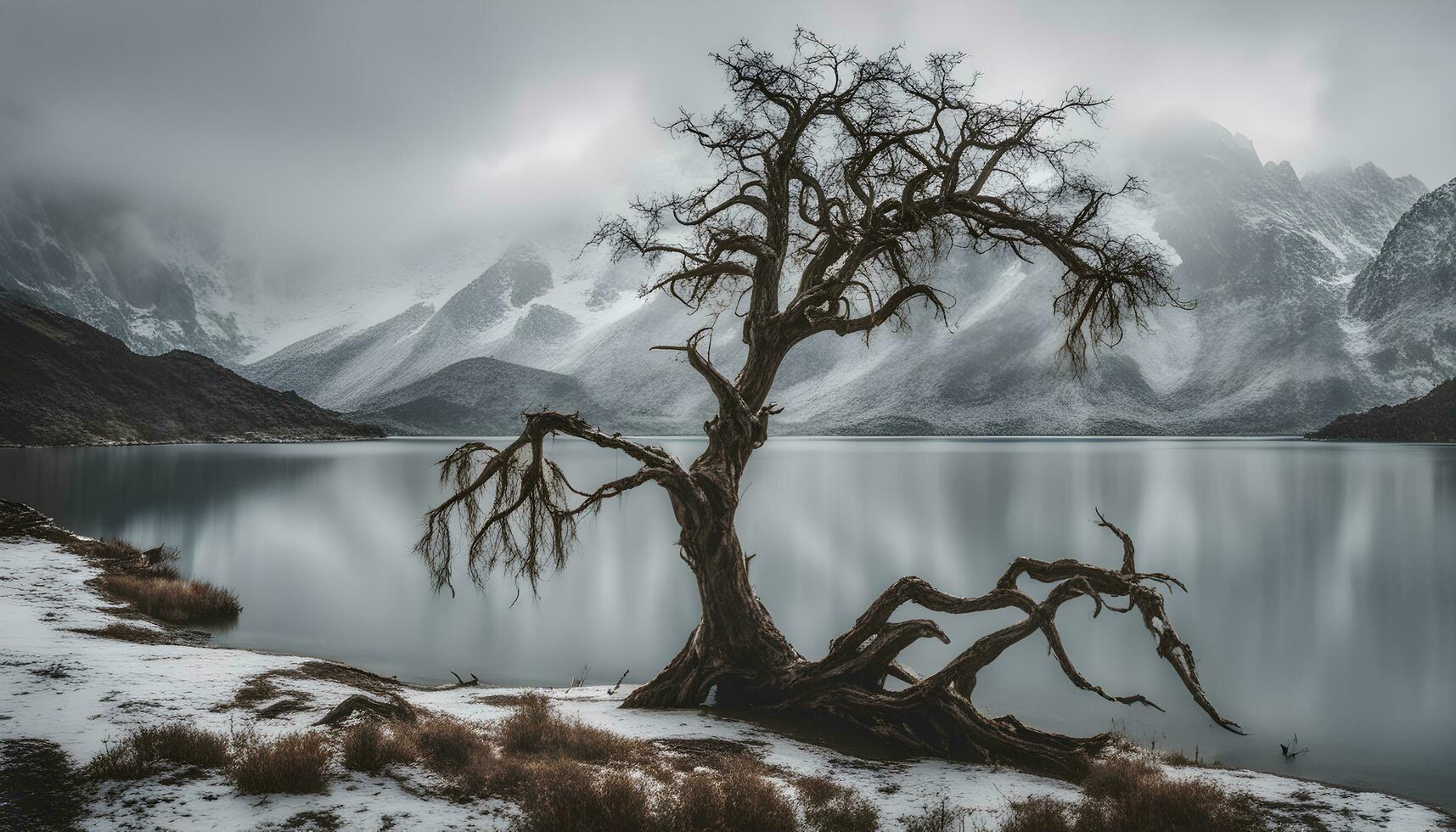 ai generato un' solitario albero sta nel davanti di un' lago foto