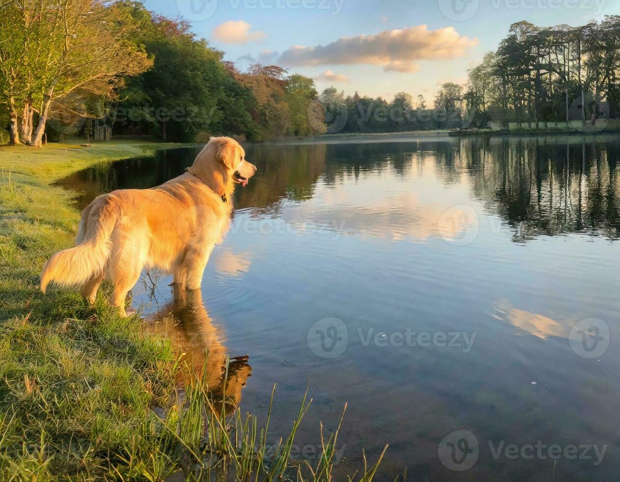 ai generato maestoso d'oro cane da riporto godendo natura di il lago con cielo e nuvole riflessione foto