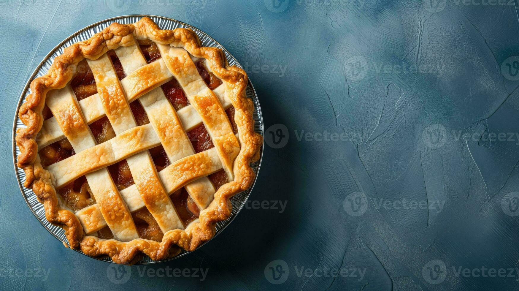 ai generato appena al forno torta con reticolo superiore su blu sfondo foto